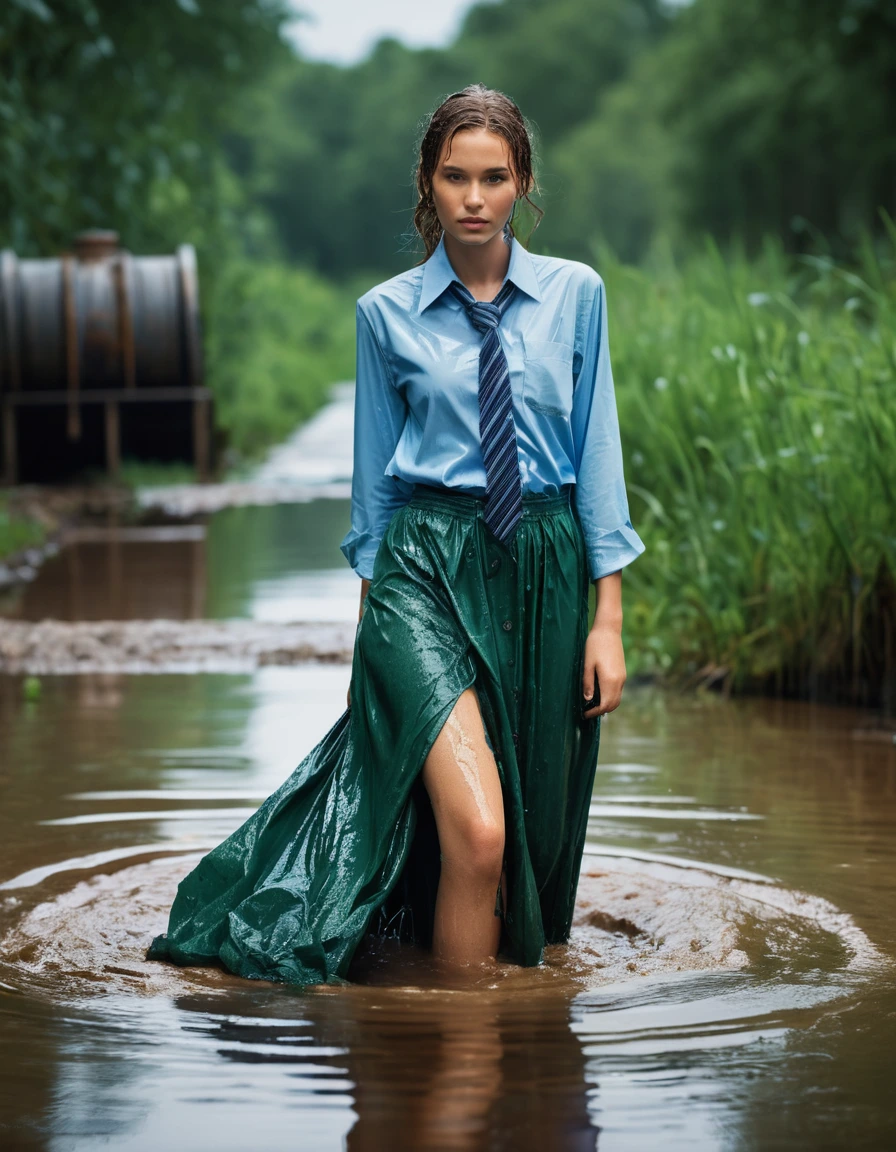 photo of young woman, in soaking wet, drenched clothes,
heels, green maxi skirt, blue long sleeved oversized shirt, tie, underground sewer, swamp, 
enjoying, wet clothes stuck to body,
detailed textures of the wet clothes, wet face, wet plastered hair,
wet, drenched, professional, high-quality details, full body view.
sharp focus, ultra-high pixel detail, realistic, high-quality, full colors, incredibly detailed, 4k, 8k, 16k, hyper-realistic, RAW photo, masterpiece, ultra-detailed, professionally color graded, professional photograph, wet skin, wet clothes, damp fabric