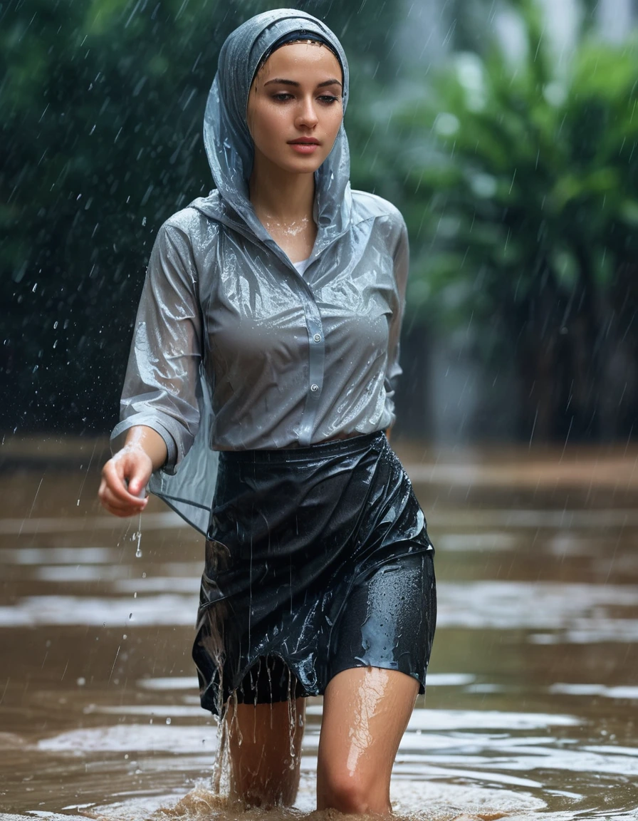 photo of young woman, in soaking wet, drenched clothes,
heels, skirt, t-shirt, rain, 
enjoying, wet clothes stuck to body,
detailed textures of the wet clothes, wet face, wet plastered hair,
wet, drenched, professional, high-quality details, full body view.
sharp focus, ultra-high pixel detail, realistic, high-quality, full colors, incredibly detailed, 4k, 8k, 16k, hyper-realistic, RAW photo, masterpiece, ultra-detailed, professionally color graded, professional photograph, hijab, muslima, wet skin, wet clothes, damp fabric