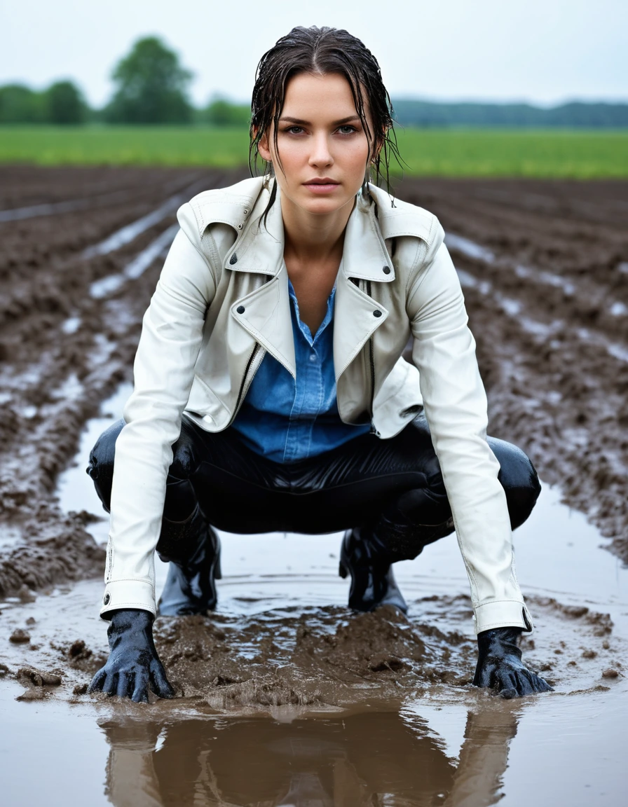 photo of young woman, in soaking wet, drenched clothes,
Black leather ankle boots, soaked and glistening , skin tight black leather jeans, saturated, water-drenched white latex shirt, black leather jacket, saturated, lying submerged in a mud pool in a field, covered in mud, heavy rain, drenched, close up, mud up to shoulders, 
enjoying, wet clothes stuck to body,
detailed textures of the wet clothes, wet face, wet plastered hair,
wet, drenched, professional, high-quality details, full body view.
sharp focus, ultra-high pixel detail, realistic, high-quality, full colors, incredibly detailed, 4k, 8k, 16k, hyper-realistic, RAW photo, masterpiece, ultra-detailed, professionally color graded, professional photograph, streaming raindrops, fabric transparency, high-contrast water cling, cinematic lighting, photorealistic, 8k, water dripping from hem, storm aftermath atmosphere, wet skin, wet clothes, damp fabric