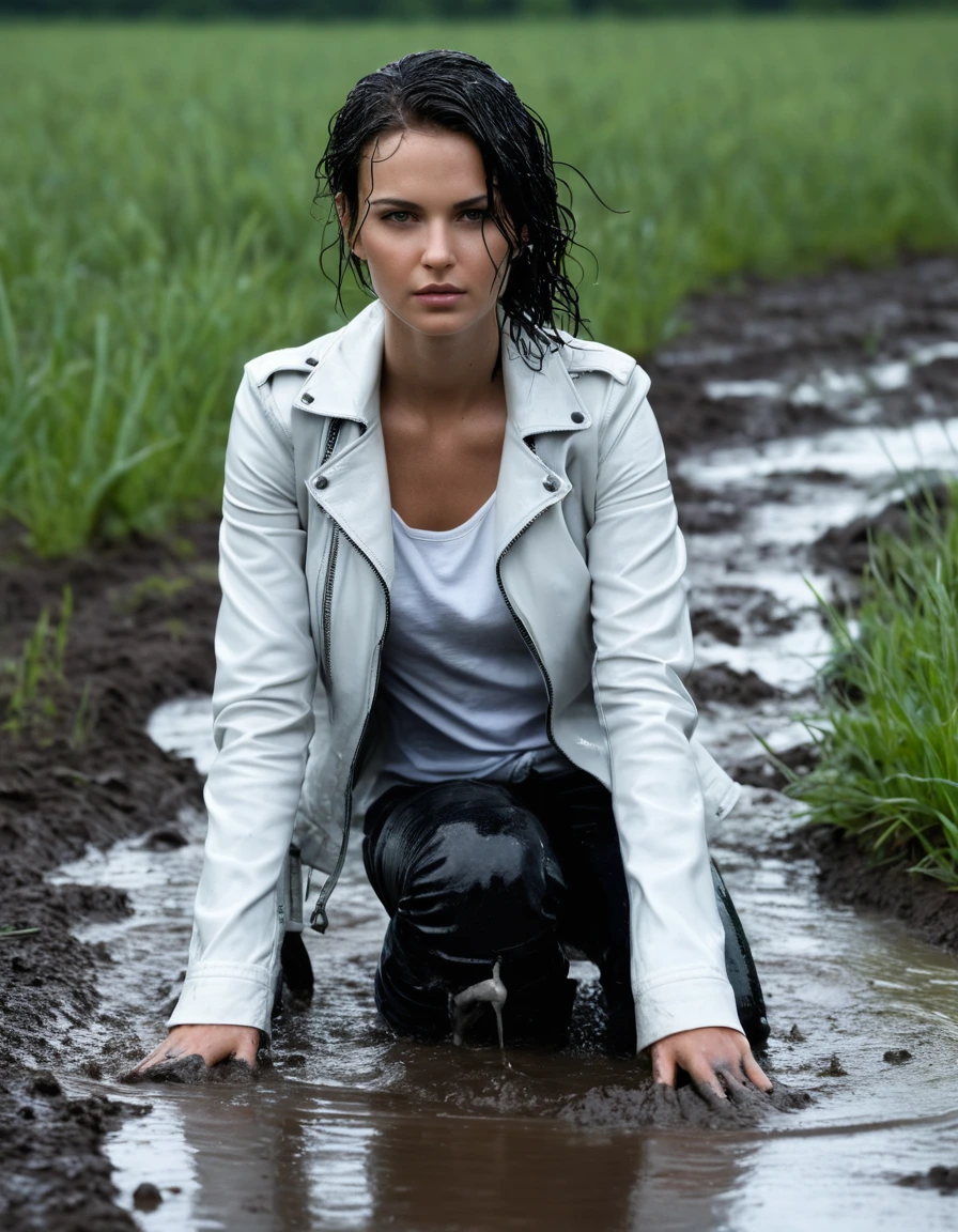 photo of young woman, in soaking wet, drenched clothes,
Black leather ankle boots, soaked and glistening , skin tight black leather jeans, saturated, water-drenched white latex shirt, black leather jacket, saturated, laying submerged in a mud pool in a field, covered in mud, heavy rain, drenched, close up, mud up to shoulders, 
enjoying, wet clothes stuck to body,
detailed textures of the wet clothes, wet face, wet plastered hair,
wet, drenched, professional, high-quality details, full body view.
sharp focus, ultra-high pixel detail, realistic, high-quality, full colors, incredibly detailed, 4k, 8k, 16k, hyper-realistic, RAW photo, masterpiece, ultra-detailed, professionally color graded, professional photograph, streaming raindrops, fabric transparency, high-contrast water cling, cinematic lighting, photorealistic, 8k, water dripping from hem, storm aftermath atmosphere, wet skin, wet clothes, damp fabric