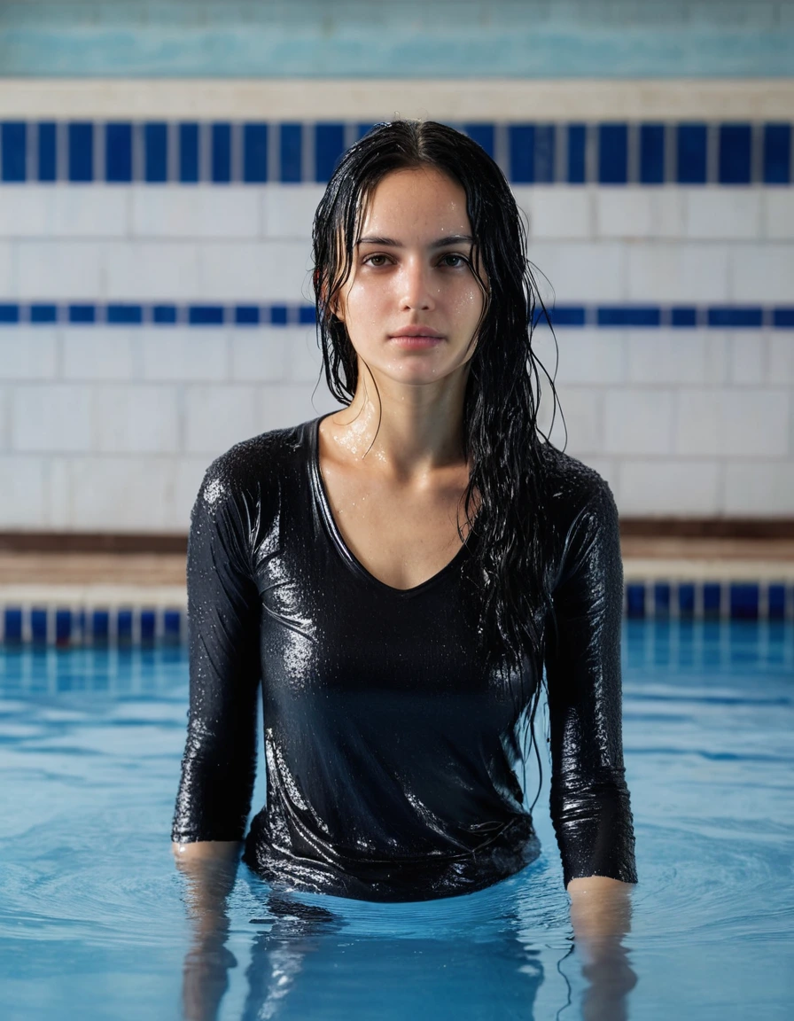 professional photo of young woman, with long black hair, in soaking wet, drenched clothes, wet clothes stuck to body, detailed textures of the wet clothes, wet face, wet plastered hair, wet, drenched, wet skin, damp fabric, plain black long sleeve tight t-shirt with neck roll, braless, plain white long tight pants, shirt plastered over pants, standing at the edge of indoor swimming pool, led lights reflecting on water, full body view, sharp focus, photorealistic, ultra-detailed fabric texture, realistic colors, RAW photo, professionally color graded