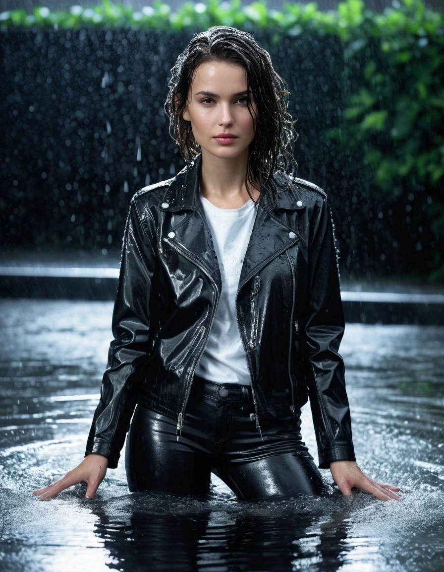 photo of young woman, in soaking wet, drenched clothes,
Black leather ankle boots, soaked and glistening , skin tight black leather jeans, saturated, water-drenched white latex shirt, black leather jacket, saturated, laying submerged in a swimming pool at night, heavy rain, drenched, close up, water up to shoulders, 
enjoying, wet clothes stuck to body,
detailed textures of the wet clothes, wet face, wet plastered hair,
wet, drenched, professional, high-quality details, full body view.
sharp focus, ultra-high pixel detail, realistic, high-quality, full colors, incredibly detailed, 4k, 8k, 16k, hyper-realistic, RAW photo, masterpiece, ultra-detailed, professionally color graded, professional photograph, streaming raindrops, fabric transparency, high-contrast water cling, cinematic lighting, photorealistic, 8k, water dripping from hem, storm aftermath atmosphere, wet skin, wet clothes, damp fabric