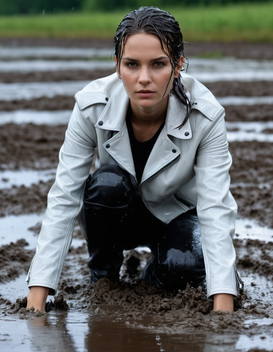 photo of young woman, in soaking wet, drenched clothes,
Black leather ankle boots, soaked and glistening , skin tight black leather jeans, saturated, water-drenched white latex shirt, black leather jacket, saturated, laying submerged in a mud pool in a field, covered in mud, heavy rain, drenched, close up, mud up to shoulders, 
enjoying, wet clothes stuck to body,
detailed textures of the wet clothes, wet face, wet plastered hair,
wet, drenched, professional, high-quality details, full body view.
sharp focus, ultra-high pixel detail, realistic, high-quality, full colors, incredibly detailed, 4k, 8k, 16k, hyper-realistic, RAW photo, masterpiece, ultra-detailed, professionally color graded, professional photograph, streaming raindrops, fabric transparency, high-contrast water cling, cinematic lighting, photorealistic, 8k, water dripping from hem, storm aftermath atmosphere, wet skin, wet clothes, damp fabric
