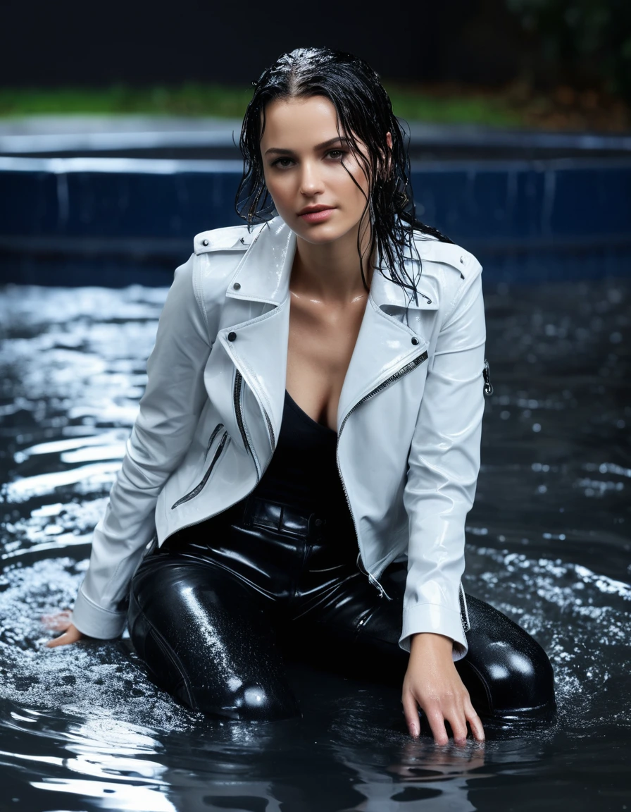 photo of young woman, in soaking wet, drenched clothes,
Black leather ankle boots, soaked and glistening , skin tight black leather jeans, saturated, water-drenched white latex shirt, black leather jacket, saturated, laying submerged in a swimming pool at night, heavy rain, drenched, close up, water up to shoulders, 
enjoying, wet clothes stuck to body,
detailed textures of the wet clothes, wet face, wet plastered hair,
wet, drenched, professional, high-quality details, full body view.
sharp focus, ultra-high pixel detail, realistic, high-quality, full colors, incredibly detailed, 4k, 8k, 16k, hyper-realistic, RAW photo, masterpiece, ultra-detailed, professionally color graded, professional photograph, streaming raindrops, fabric transparency, high-contrast water cling, cinematic lighting, photorealistic, 8k, water dripping from hem, storm aftermath atmosphere, wet skin, wet clothes, damp fabric
