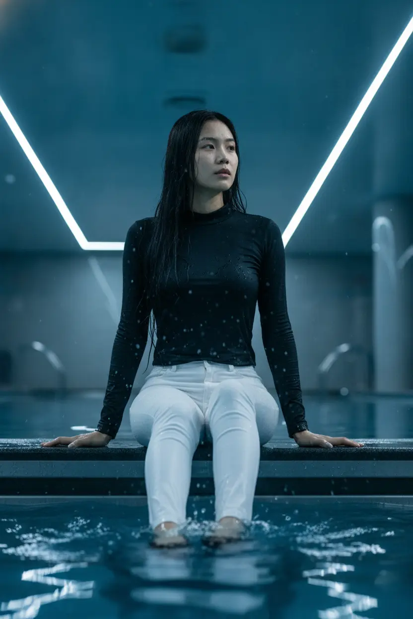 Create a realistic cinematic photograph of a young adult woman with long black hair, sitting at the edge of an indoor swimming pool with her legs submerged in the water. She is wearing a plain black long-sleeve tight t-shirt with a neck roll and plain white long tight pants, paired with black flats. The clothing is completely soaking wet, saturated with water, visibly darkened, covered in realistic droplets, and heavy with moisture, with the shirt plastered against her torso and the pants clinging to her legs. The scene is illuminated by bright LED lights, and the camera view is from inside the pool, looking up at her. The woman has wet skin and damp hair, captured in a portrait-oriented 2:3 composition.