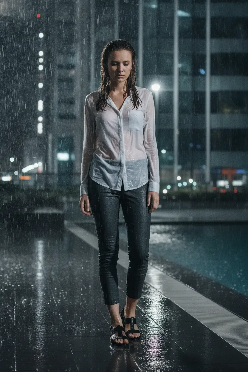 Create a realistic cinematic photograph of a young adult European woman with natural European features, standing on a modern poolside walkway at night with wet reflective tiles. She is wearing a sheer white button-up blouse and fitted charcoal grey cropped trousers, both of which are soaking wet, visibly darkened, covered with realistic water droplets, and heavy with moisture. She is wearing strappy black leather sandals on her bare feet. The scene is set during heavy rainfall with cinematic moody lighting, creating a high-contrast urban night atmosphere. The fabric of the blouse shows visible texture and is translucent from being drenched, with water droplets visible on her skin. The image is hyper-realistic, 8k, and in a 2:3 portrait-oriented composition.