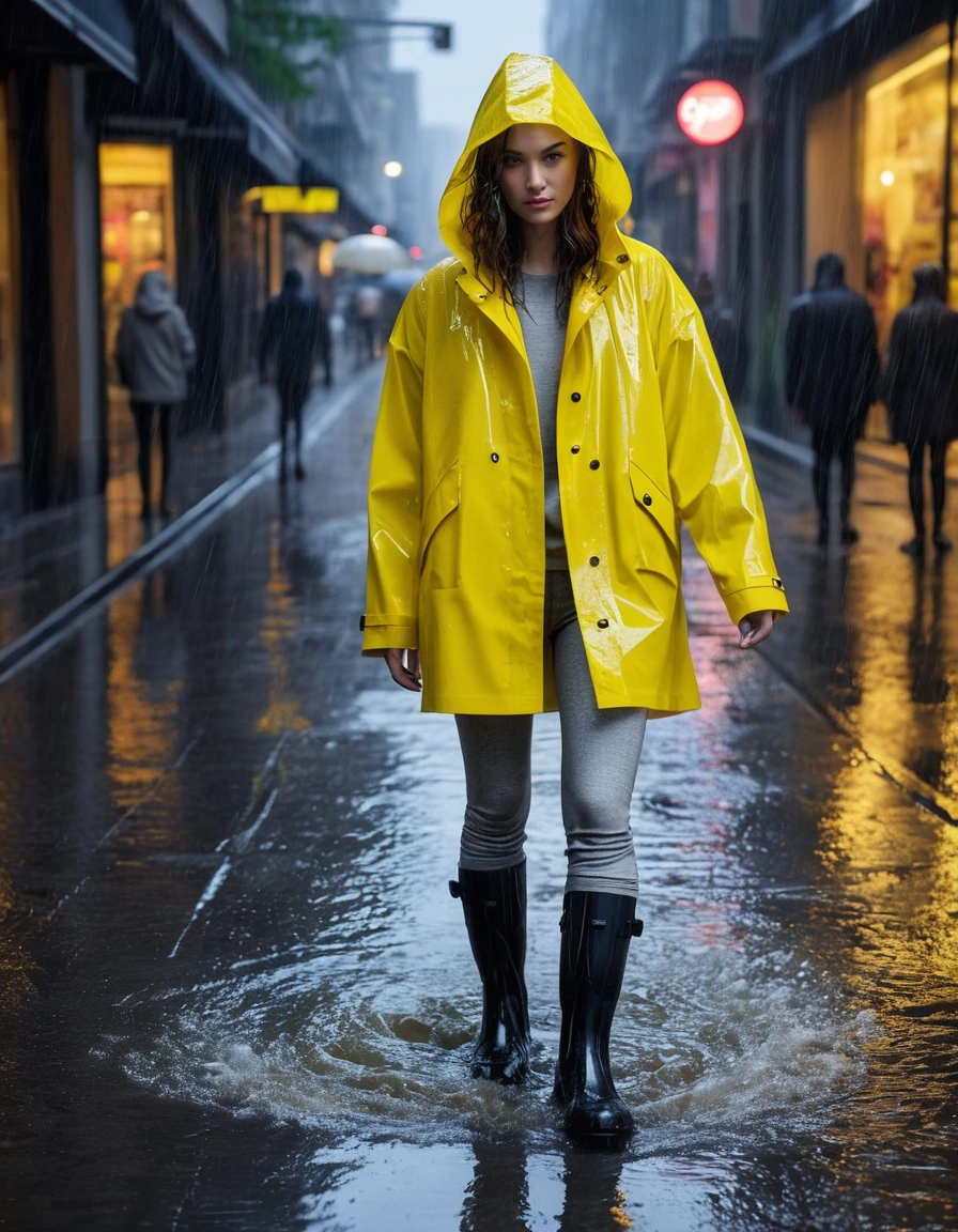 photo of young woman, in soaking wet, drenched clothes,
black rubber rain boots, splashing through street puddles, sheer light-grey leggings, heavy rain-soaked fabric clinging to skin, oversized bright yellow translucent raincoat, dripping wet, neon-lit outdoor shopping district at night, glistening wet pavement, 
enjoying, wet clothes stuck to body,
detailed textures of the wet clothes, wet face, wet plastered hair,
wet, drenched, professional, high-quality details, full body view.
sharp focus, ultra-high pixel detail, realistic, high-quality, full colors, incredibly detailed, 4k, 8k, 16k, hyper-realistic, RAW photo, masterpiece, ultra-detailed, professionally color graded, professional photograph, cinematic lighting, heavy rain downpour, hyper-realistic, water droplets, fabric sheen, damp hair, atmospheric gloom, 8k resolution, professional photography, wet skin, wet clothes, damp fabric