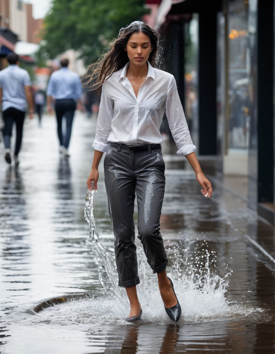 photo of young woman, in soaking wet, drenched clothes,
wet beige pointed-toe pumps, sheer charcoal grey slim-fit trousers clinging to skin, saturating white silk button-down shirt dripping with water, outdoor suburban street cafe sidewalk, 
enjoying, wet clothes stuck to body,
detailed textures of the wet clothes, wet face, wet plastered hair,
wet, drenched, professional, high-quality details, full body view.
sharp focus, ultra-high pixel detail, realistic, high-quality, full colors, incredibly detailed, 4k, 8k, 16k, hyper-realistic, RAW photo, masterpiece, ultra-detailed, professionally color graded, professional photograph, candid paparazzi shot from a low angle showing woman startled, shaking water off her soaked hair after being hit by a sudden deluge from a rooftop drainpipe, shimmering wet fabric textures, droplets splashing on pavement, photorealistic lifestyle photography, rich natural color, balanced bright exposure, moderate contrast, softly lifted shadows, high-speed shutter capture., wet skin, wet clothes, damp fabric