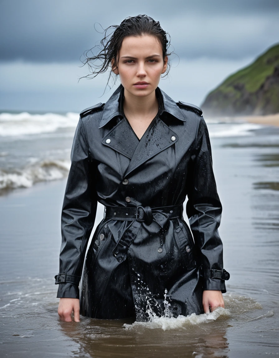 professional photo of young woman, in soaking wet, drenched clothes, wet clothes stuck to body, detailed textures of the wet clothes, wet face, wet plastered hair, wet, drenched, wet skin, damp fabric, wearing black leather ankle boots soaked and glistening, skin tight black leather jeans saturated, water-drenched black oversize latex shirt, black leather jacket saturated, black trench coat, standing in the waves at the beach, waves breaking, heavy rain at night, streaming raindrops, fabric transparency, high-contrast water cling, water dripping from hem, storm aftermath atmosphere, cinematic lighting, sharp focus, photorealistic, ultra-detailed fabric texture, realistic colors, RAW photo, professionally color graded