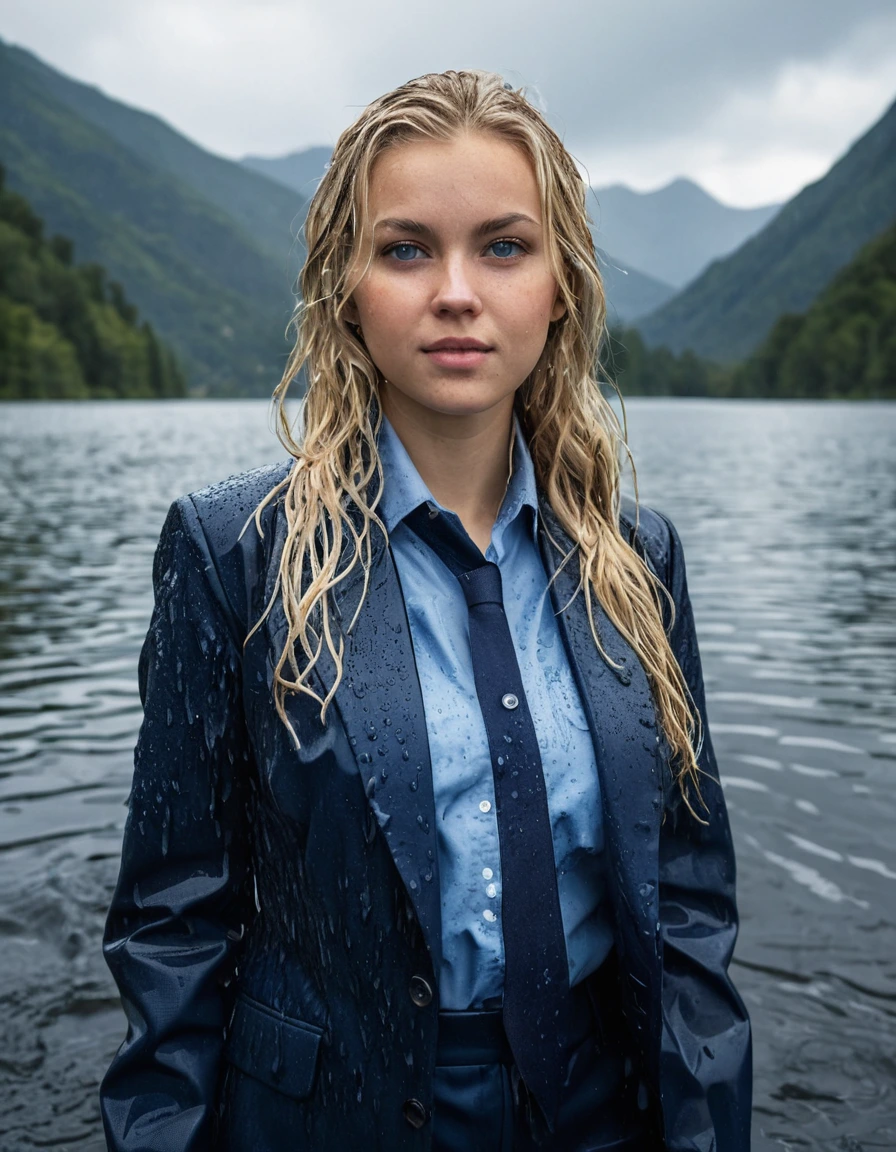 professional photo of young woman, 20 year old beautiful white blonde woman with side parting long hair, in soaking wet, drenched clothes, wet clothes stuck to body, detailed textures of the wet clothes, wet face, wet plastered hair, wet, drenched, wet skin, damp fabric, wearing a dark blue business suit jacket over a light blue button down business shirt longsleeve and dark blue long business trouser, breast deep submerged in a clear mountain lake during a heavy rainstorm, confident expression looking into camera, heavy rain falling, dramatic atmosphere, full body view, detailed fabric texture, sharp focus, photorealistic, ultra-detailed fabric texture, realistic colors, RAW photo, professionally color graded