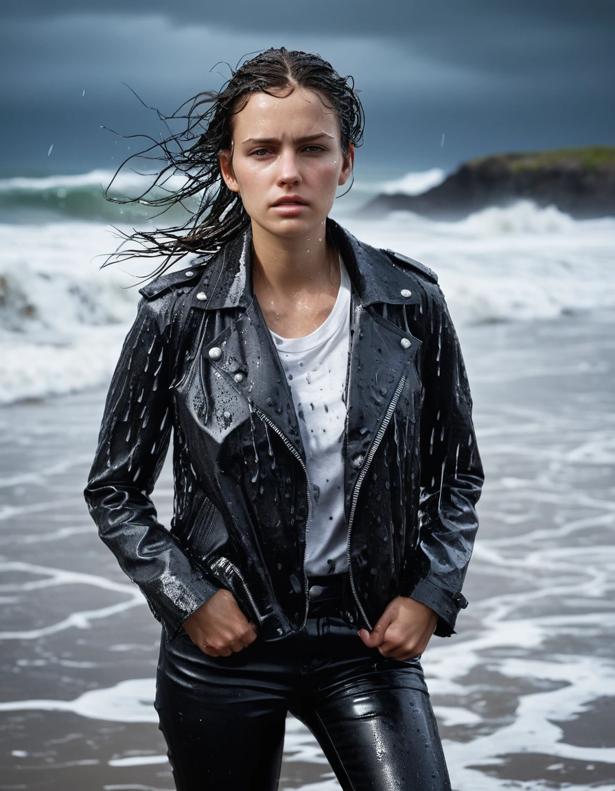 professional photo of young woman, in soaking wet, drenched clothes, wet clothes stuck to body, detailed textures of the wet clothes, wet face, wet plastered hair, wet, drenched, wet skin, damp fabric, streaming raindrops, fabric transparency, high-contrast water cling, water dripping from hem, wearing a water-drenched white oversize leather t-shirt, black leather jacket, saturated, black trench coat, skin tight black leather jeans, saturated, black leather ankle boots, soaked and glistening, standing in the waves at the beach, waves breaking, heavy rain at night, storm aftermath atmosphere, cinematic lighting, close up, sharp focus, photorealistic, ultra-detailed fabric texture, realistic colors, RAW photo, professionally color graded