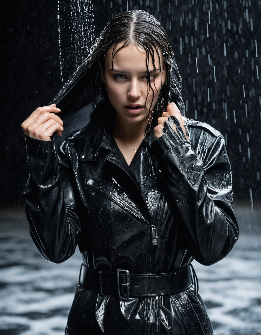 professional photo of young woman, in soaking wet, drenched clothes, wet clothes stuck to body, detailed textures of the wet clothes, wet face, wet plastered hair, wet, drenched, wet skin, damp fabric, standing under a shower, water flowing from head to toe, streaming raindrops, fabric transparency, high-contrast water cling, water dripping from hem, wearing a black oversize latex shirt, black leather jacket, black trench coat, skin tight black leather jeans, black leather ankle boots, soaked and glistening, saturated, cinematic lighting, storm aftermath atmosphere, close up, sharp focus, photorealistic, ultra-detailed fabric texture, realistic colors, RAW photo, professionally color graded