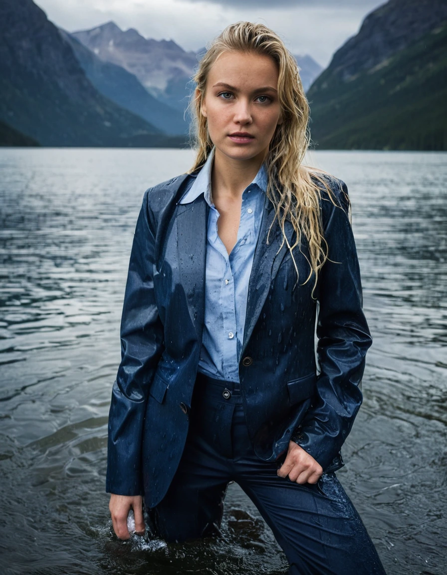 professional photo of young woman, 20 year old beautiful white blonde woman with side parting long hair, in soaking wet, drenched clothes, wet clothes stuck to body, detailed textures of the wet clothes, wet face, wet plastered hair, wet, drenched, wet skin, damp fabric, wearing a dark blue business suit jacket with light blue button down business shirt longsleeve and dark blue long business trouser, clothes are soaked tailored fabric showing wet folds and absorbed water, breast deep submerged in water, confidently looking into camera, clear mountain lake, heavy rainstorm, big rainshower, cinematic lighting, dramatic atmosphere, full body view, detailed fabric texture, sharp focus, photorealistic, ultra-detailed fabric texture, realistic colors, RAW photo, professionally color graded