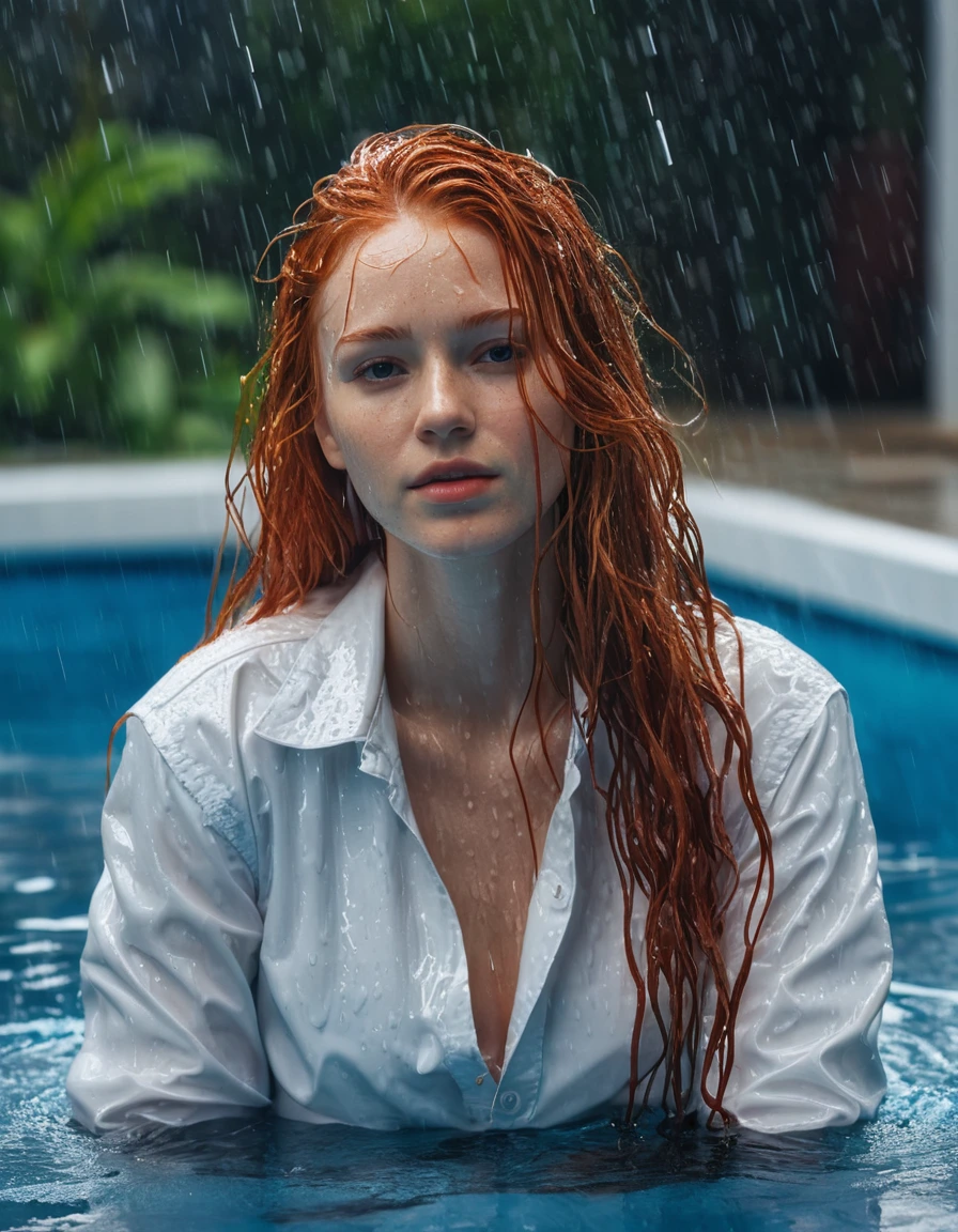 photo of young woman, in soaking wet, drenched clothes,
Blue jeans, White t-shirt with long sleeves, Pool, 
enjoying, wet clothes stuck to body,
detailed textures of the wet clothes, wet face, wet plastered hair,
wet, drenched, professional, high-quality details, full body view.
sharp focus, ultra-high pixel detail, realistic, high-quality, full colors, incredibly detailed, 4k, 8k, 16k, hyper-realistic, RAW photo, masterpiece, ultra-detailed, professionally color graded, professional photograph, Girl with long red hair, artificial rain, wet skin, wet clothes, damp fabric
