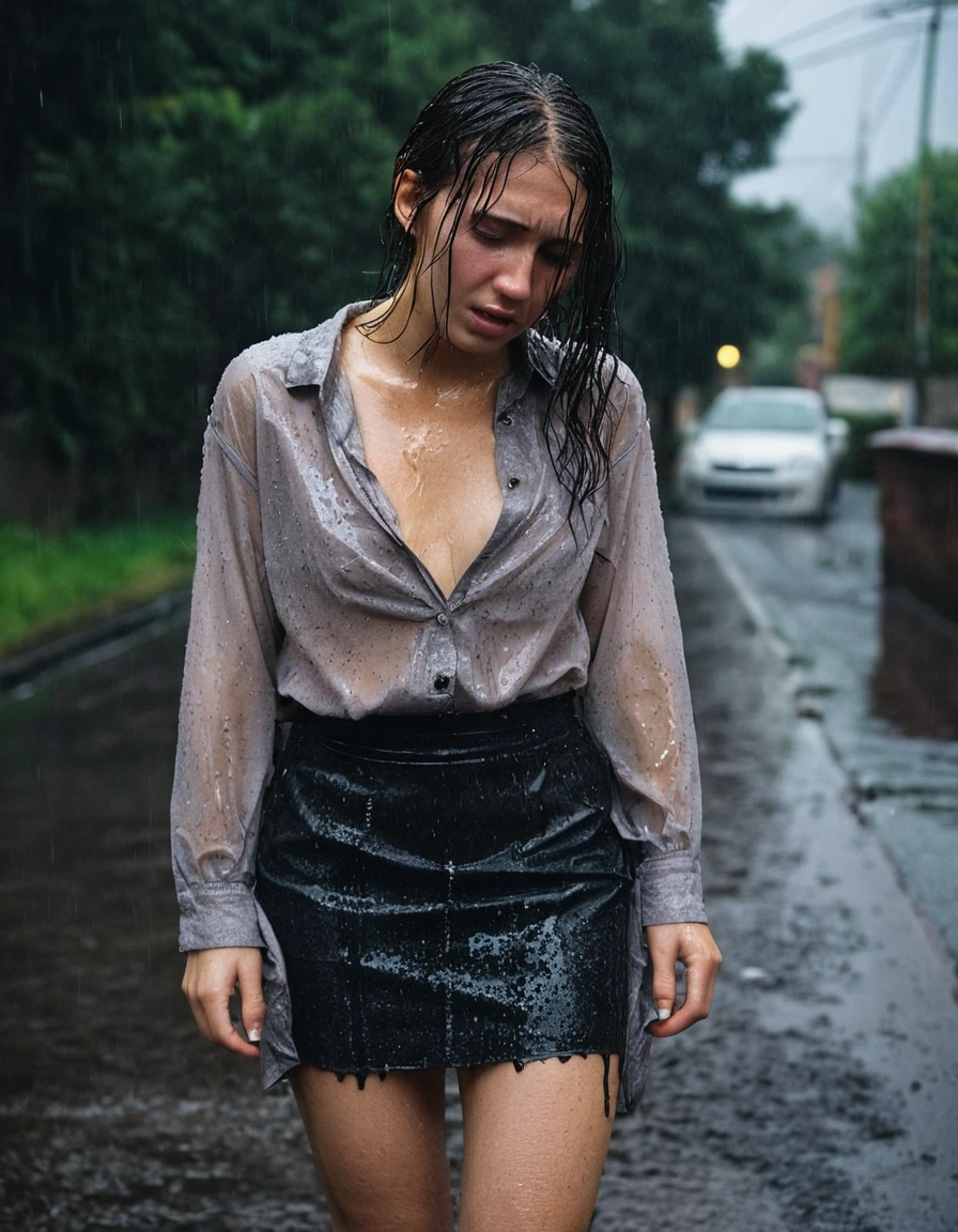professional photo of young woman, in soaking wet, drenched clothes, wet clothes stuck to body, detailed textures of the wet clothes, wet face, wet plastered hair, wet, drenched, wet skin, damp fabric, depressed, crying, conservative, catholic, wearing a destroyed, ripped blouse and a ripped skirt, wearing heels, standing on a rainy street, heavy rain, dark moody atmosphere, full body view, detailed fabric texture, sharp focus, photorealistic, ultra-detailed fabric texture, realistic colors, RAW photo, professionally color graded