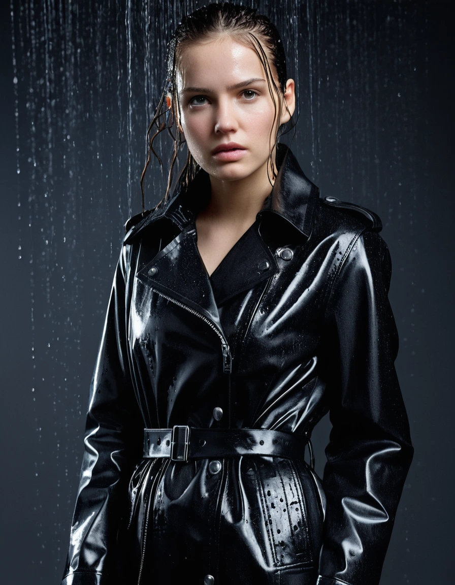 professional photo of young woman, in soaking wet, drenched clothes, wet clothes stuck to body, detailed textures of the wet clothes, wet face, wet plastered hair, wet, drenched, wet skin, damp fabric, wearing an oversize latex shirt, black leather jacket, and black trench coat, skin tight black leather jeans, black leather ankle boots, soaked and glistening, streaming raindrops, fabric transparency, high-contrast water cling, water dripping from hem, standing under a shower, water flowing from head to toe, drenched, close up, cinematic lighting, storm aftermath atmosphere, sharp focus, photorealistic, ultra-detailed fabric texture, realistic colors, RAW photo, professionally color graded