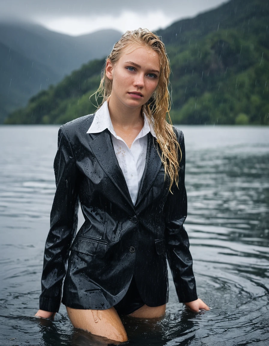professional photo of young woman, 20 year old beautiful blonde, in soaking wet, drenched clothes, wet clothes stuck to body, detailed textures of the wet clothes, wet face, wet plastered hair, wet, drenched, wet skin, damp fabric, side parting long hair, wearing a black business suit jacket with white button down business shirt longsleeve and black long business trouser, clothes are soaked tailored fabric with realistic structure, breast deep submerged, looks confidently into camera, swimming in a clear mountain lake under a heavy rainstorm with big rainshower, cinematic lighting, dramatic atmosphere, full body view, detailed fabric texture, sharp focus, photorealistic, ultra-detailed fabric texture, realistic colors, RAW photo, professionally color graded