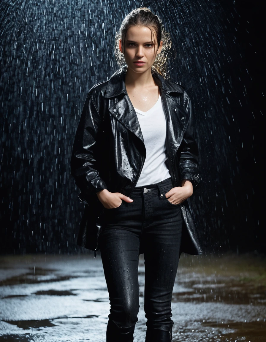 professional photo of young woman, in soaking wet, drenched clothes, wet clothes stuck to body, detailed textures of the wet clothes, wet face, wet plastered hair, wet, drenched, wet skin, damp fabric, wearing a water-drenched white oversize leather button shirt, black leather jacket, black trench coat, skin tight black leather jeans, saturated, and black leather ankle boots, soaked and glistening, standing in heavy rain, streaming raindrops, fabric transparency, high-contrast water cling, water dripping from hem, storm aftermath atmosphere, cinematic lighting, at night, close up, full body view, sharp focus, photorealistic, ultra-detailed fabric texture, realistic colors, RAW photo, professionally color graded