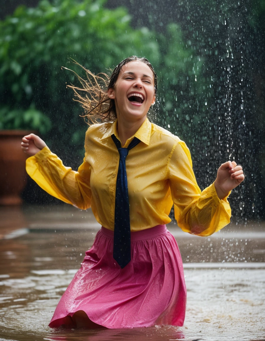 professional photo of young woman, in soaking wet, drenched clothes, wet clothes stuck to body, detailed textures of the wet clothes, wet face, wet plastered hair, wet, drenched, wet skin, damp fabric, wearing a yellow long sleeved blouse with a necktie and a pink maxi skirt, wearing heels, happy and joyful expression, dancing in heavy rain, in a fountain environment, water splashing, full body view, detailed fabric texture, sharp focus, photorealistic, ultra-detailed fabric texture, realistic colors, RAW photo, professionally color graded