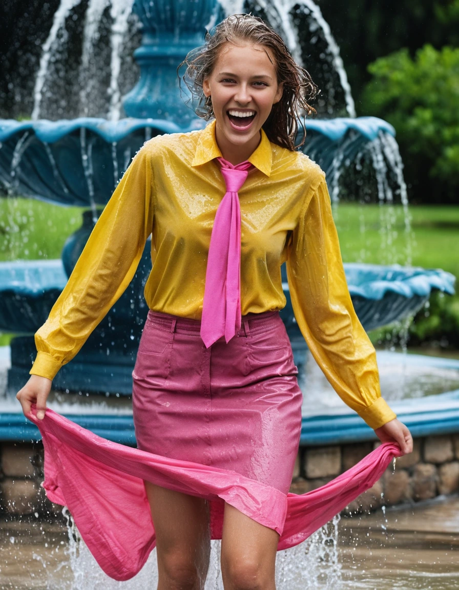 professional photo of young woman, in soaking wet, drenched clothes, wet clothes stuck to body, detailed textures of the wet clothes, wet face, wet plastered hair, wet, drenched, wet skin, damp fabric, wearing a yellow long sleeved blouse with a necktie and a pink maxi skirt, wearing heels, happy and joyful expression, standing inside a fountain, water splashing, full body view, detailed fabric texture, sharp focus, photorealistic, ultra-detailed fabric texture, realistic colors, RAW photo, professionally color graded