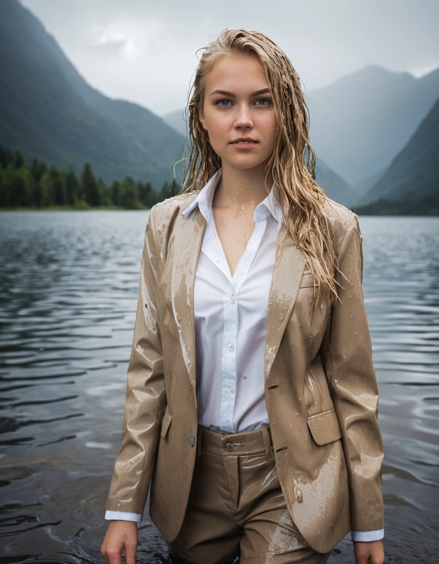 professional photo of young woman, 20 year old beautiful blonde, side parting long hair, in soaking wet, drenched clothes, wet clothes stuck to body, detailed textures of the wet clothes, wet face, wet plastered hair, wet, drenched, wet skin, damp fabric, wearing a soaked beige business suit jacket with white button down business shirt longsleeve and beige long business trouser, breast deep submerged, looks confidently into camera, clear mountain lake, heavy rain storm, big rainshower, full body view, sharp focus, photorealistic, ultra-detailed fabric texture, realistic colors, RAW photo, professionally color graded