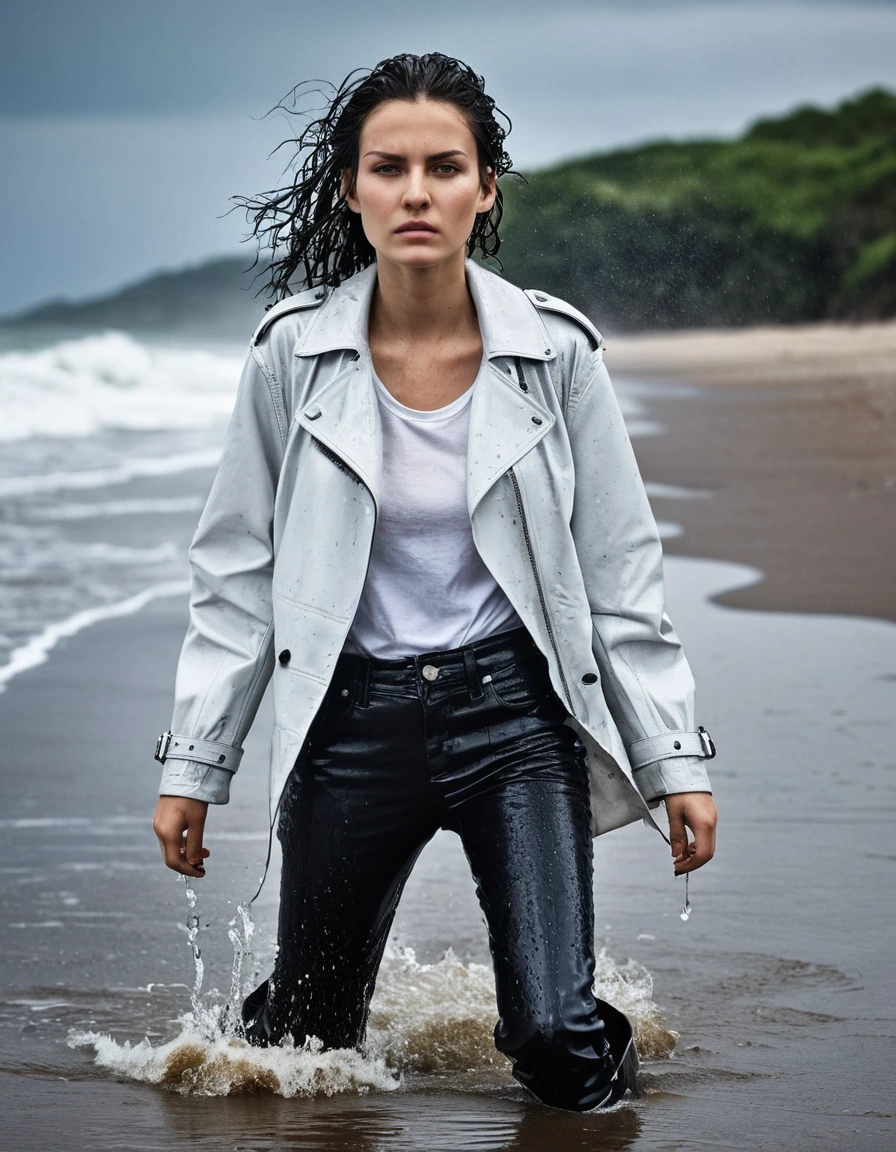 professional photo of young woman, in soaking wet, drenched clothes, wet clothes stuck to body, detailed textures of the wet clothes, wet face, wet plastered hair, wet, drenched, wet skin, damp fabric, wearing a water-drenched white oversize leather t-shirt, black leather jacket, saturated, black trench coat, skin tight black leather jeans, saturated, black leather ankle boots, soaked and glistening, streaming raindrops, fabric transparency, high-contrast water cling, water dripping from hem, standing in the waves at the beach, waves breaking, heavy rain at night, storm aftermath atmosphere, cinematic lighting, full body view, sharp focus, photorealistic, ultra-detailed fabric texture, realistic colors, RAW photo, professionally color graded