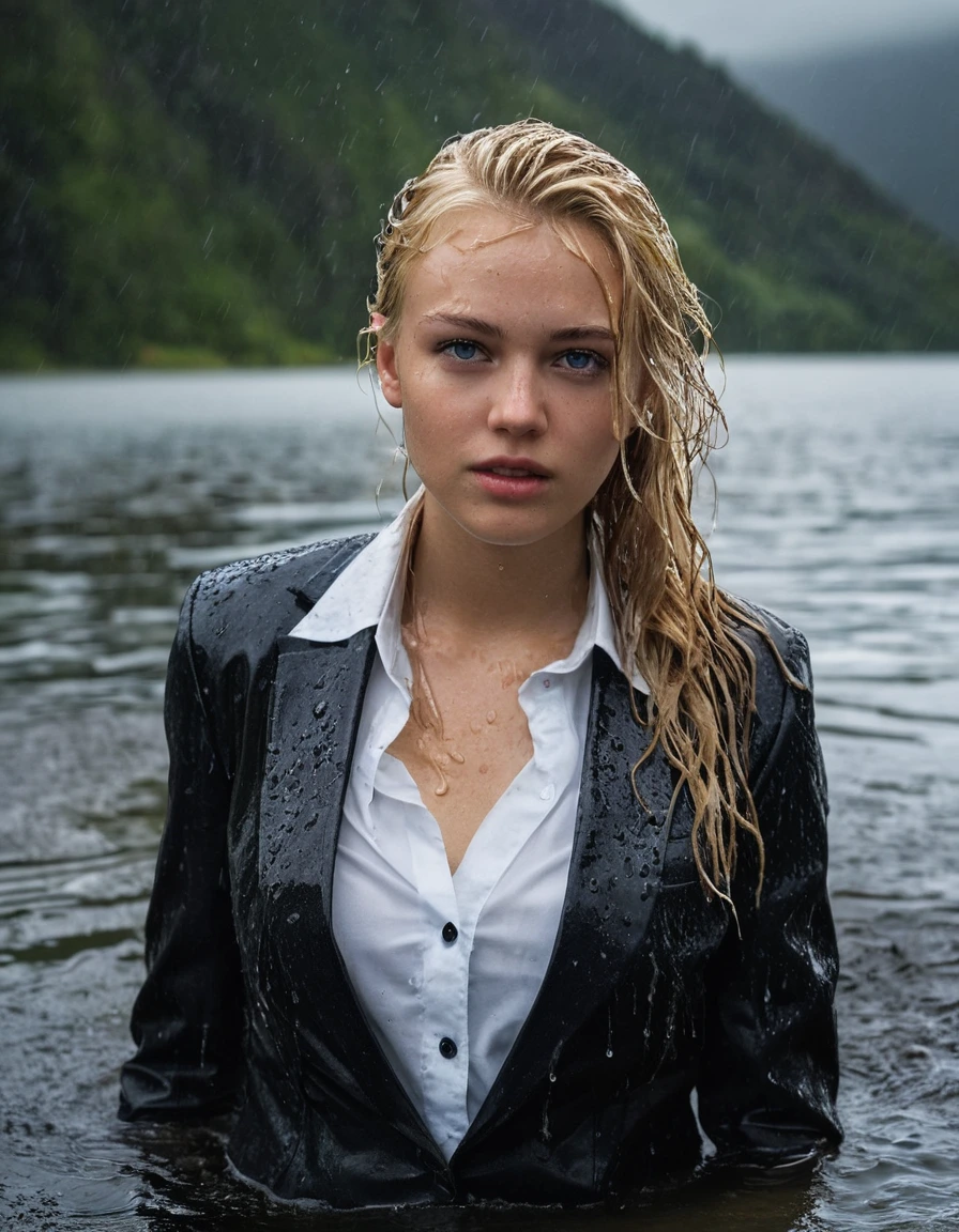 professional photo of young woman, 20 year old beautiful blonde, in soaking wet, drenched clothes, wet clothes stuck to body, detailed textures of the wet clothes, wet face, wet plastered hair, wet, drenched, wet skin, damp fabric, wearing a black business suit jacket with white button down business shirt longsleeve, black long business trousers, soaked tailored fabric, realistic structure, absorbed water, wet folds, breast deep submerged in a clear mountain lake, under a big rainshower, looks confidently into camera, side parting long hair, heavy rainstorm, dramatic storm lighting, full body view, detailed fabric texture, sharp focus, photorealistic, ultra-detailed fabric texture, realistic colors, RAW photo, professionally color graded