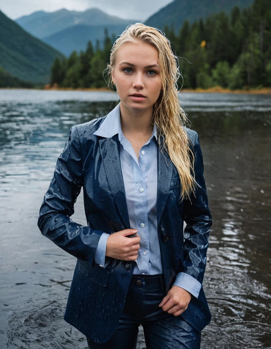 professional photo of young woman, 20 year old beautiful white blonde woman with side parting long hair, in soaking wet, drenched clothes, wet clothes stuck to body, detailed textures of the wet clothes, wet face, wet plastered hair, wet, drenched, wet skin, damp fabric, breast deep submerged in clear mountain lake, wearing a dark blue business suit jacket with light blue button down business shirt longsleeve and dark blue long business trouser, soaked tailored fabric, realistic structure, absorbed water, wet folds, confidently looking into camera, heavy rainstorm, rain, storm, atmospheric, full body view, sharp focus, photorealistic, ultra-detailed fabric texture, realistic colors, RAW photo, professionally color graded