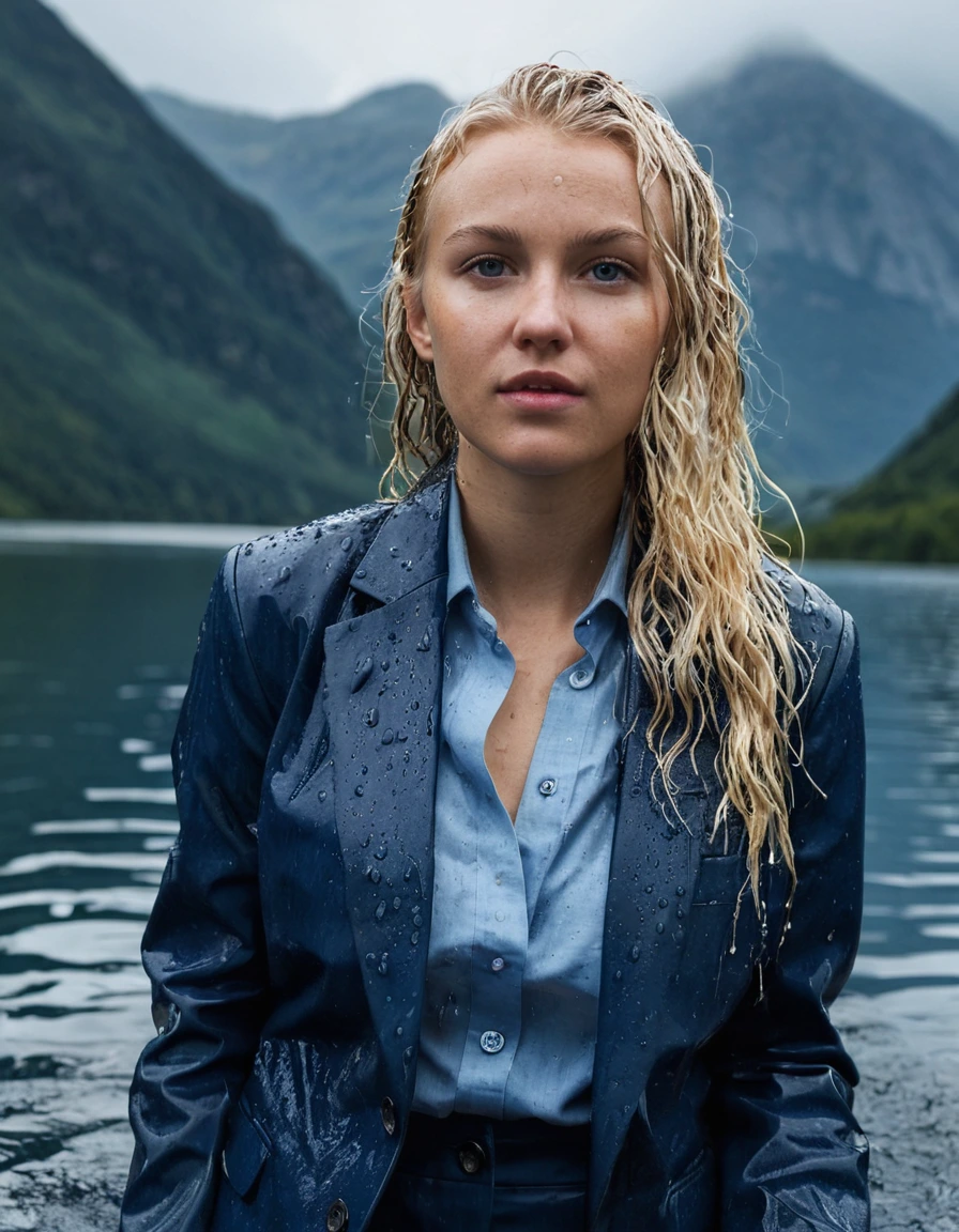professional photo of young woman, 20 year old beautiful white blonde woman with side parting long hair, in soaking wet, drenched clothes, wet clothes stuck to body, detailed textures of the wet clothes, wet face, wet plastered hair, wet, drenched, wet skin, damp fabric, wearing a dark blue business suit jacket over a light blue button down business shirt longsleeve and dark blue long business trouser, breast deep submerged in a clear mountain lake, confidently looking into camera, heavy rainstorm, dramatic rain, cinematic lighting, full body view, detailed fabric texture, sharp focus, photorealistic, ultra-detailed fabric texture, realistic colors, RAW photo, professionally color graded