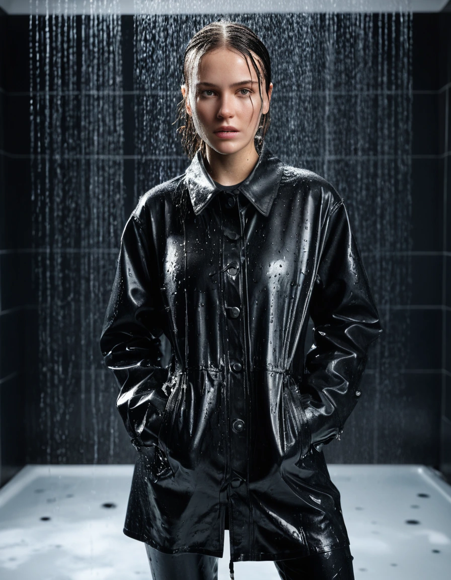 professional photo of young woman, in soaking wet, drenched clothes, wet clothes stuck to body, detailed textures of the wet clothes, wet face, wet plastered hair, wet, drenched, wet skin, damp fabric, streaming raindrops, fabric transparency, high-contrast water cling, water dripping from hem, black oversize latex shirt, black leather jacket, black trench coat, skin tight black leather jeans, black leather ankle boots, soaked and glistening, standing under a shower, water flowing from head to toe, cinematic lighting, storm aftermath atmosphere, 8k, full body view, detailed fabric texture, sharp focus, photorealistic, ultra-detailed fabric texture, realistic colors, RAW photo, professionally color graded