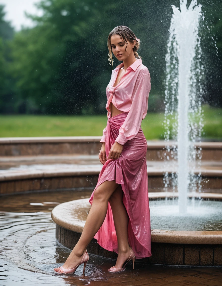 photo of young woman, in soaking wet, drenched clothes,
heels, long skirt, pink long sleeved blouse with a knot, fountain, 
enjoying, wet clothes stuck to body,
detailed textures of the wet clothes, wet face, wet plastered hair,
wet, drenched, professional, high-quality details, full body view.
sharp focus, ultra-high pixel detail, realistic, high-quality, full colors, incredibly detailed, 4k, 8k, 16k, hyper-realistic, RAW photo, masterpiece, ultra-detailed, professionally color graded, professional photograph, happy, joyful, wet skin, wet clothes, damp fabric