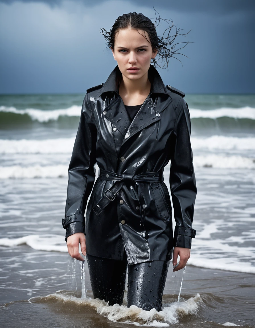 professional photo of young woman, in soaking wet, drenched clothes, wet clothes stuck to body, detailed textures of the wet clothes, wet face, wet plastered hair, wet, drenched, wet skin, damp fabric, wearing a black leather jacket, a black trench coat, an oversize latex shirt, skin tight black leather jeans, and black leather ankle boots, soaked and glistening, standing in the waves at the beach, waves breaking, heavy rain at night, streaming raindrops, fabric transparency, high-contrast water cling, water dripping from hem, storm aftermath atmosphere, cinematic lighting, full body view, sharp focus, photorealistic, ultra-detailed fabric texture, realistic colors, RAW photo, professionally color graded