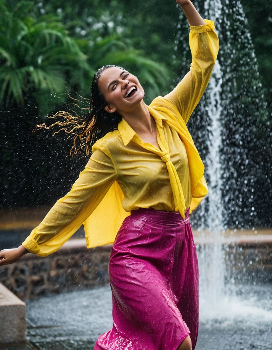 professional photo of young woman, in soaking wet, drenched clothes, wet clothes stuck to body, detailed textures of the wet clothes, wet face, wet plastered hair, wet, drenched, wet skin, damp fabric, wearing a yellow long sleeved blouse with a necktie and a pink maxi skirt, wearing heels, happy and joyful expression, dancing in heavy rain, fountain environment with splashing water, full body view, detailed fabric texture, sharp focus, photorealistic, ultra-detailed fabric texture, realistic colors, RAW photo, professionally color graded