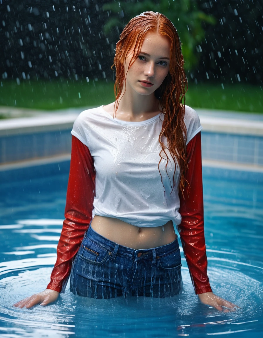 photo of young woman, in soaking wet, drenched clothes,
Blue jeans, Cotton white t-shirt with long sleeves, Pool, 
enjoying, wet clothes stuck to body,
detailed textures of the wet clothes, wet face, wet plastered hair,
wet, drenched, professional, high-quality details, full body view.
sharp focus, ultra-high pixel detail, realistic, high-quality, full colors, incredibly detailed, 4k, 8k, 16k, hyper-realistic, RAW photo, masterpiece, ultra-detailed, professionally color graded, professional photograph, Girl with long red hair, artificial rain, wet skin, wet clothes, damp fabric