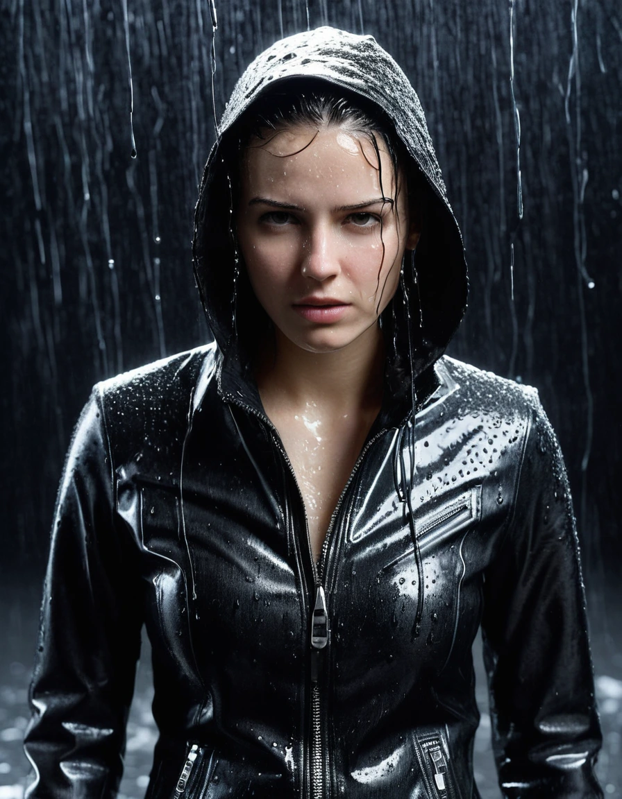professional photo of young woman, in soaking wet, drenched clothes, wet clothes stuck to body, detailed textures of the wet clothes, wet face, wet plastered hair, wet, drenched, wet skin, damp fabric, standing under a shower, water flowing from head to toe, streaming raindrops, water dripping from hem, high-contrast water cling, fabric transparency, wearing a water-drenched white latex shirt, black leather jacket, saturated, skin tight black leather jeans, saturated, black leather ankle boots, soaked and glistening, storm aftermath atmosphere, cinematic lighting, close up, sharp focus, photorealistic, ultra-detailed fabric texture, realistic colors, RAW photo, professionally color graded