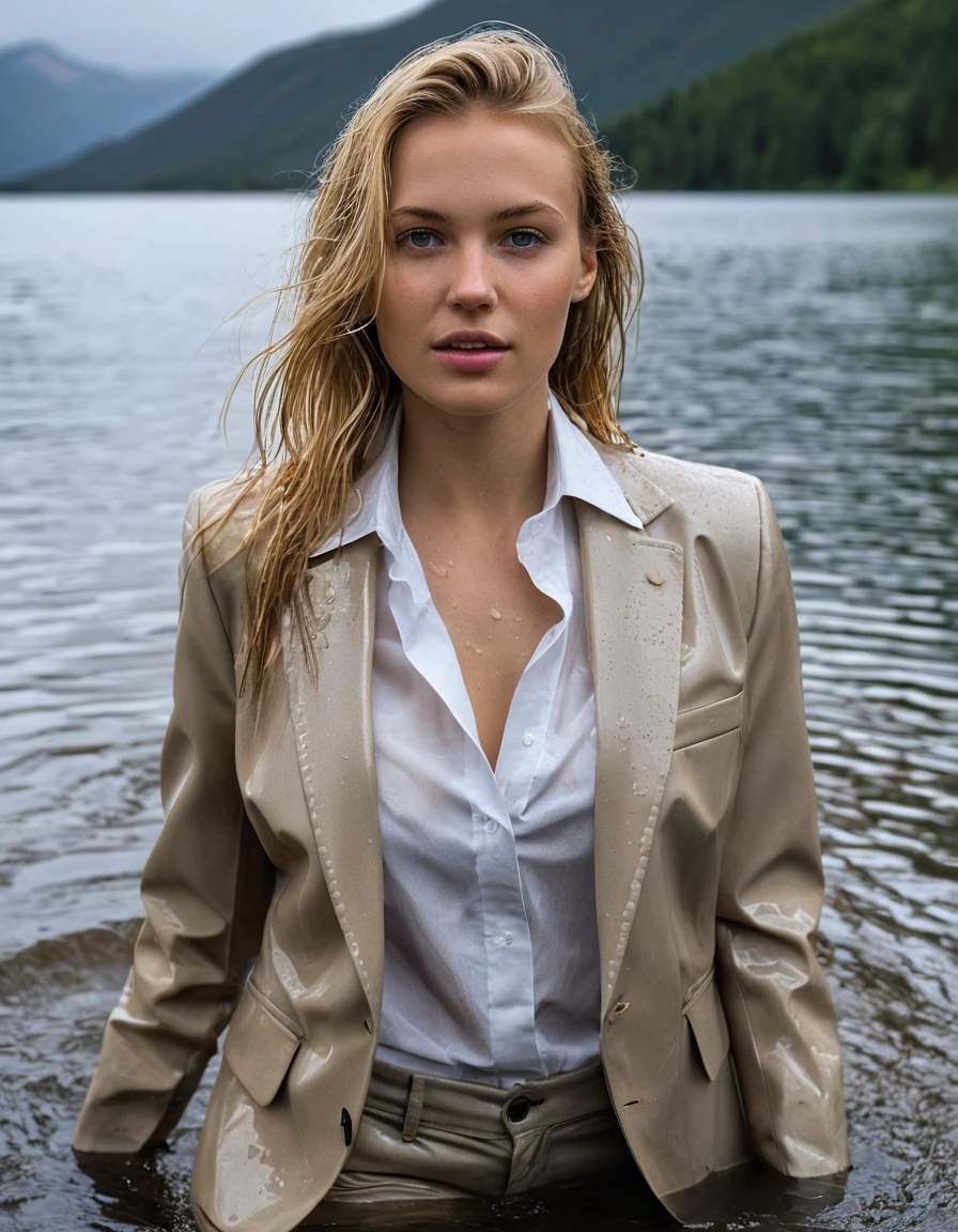 professional photo of young woman, 20 year old beautiful blonde, in soaking wet, drenched clothes, wet clothes stuck to body, detailed textures of the wet clothes, wet face, wet plastered hair, wet, drenched, wet skin, damp fabric, side parting long hair, wearing a beige business suit jacket over a white button down business shirt longsleeve and beige long business trousers, soaked tailored fabric with realistic structure, breast deep submerged, confidently looking into camera, clear mountain lake, heavy rain storm, cinematic lighting, full body view, detailed fabric texture, sharp focus, photorealistic, ultra-detailed fabric texture, realistic colors, RAW photo, professionally color graded