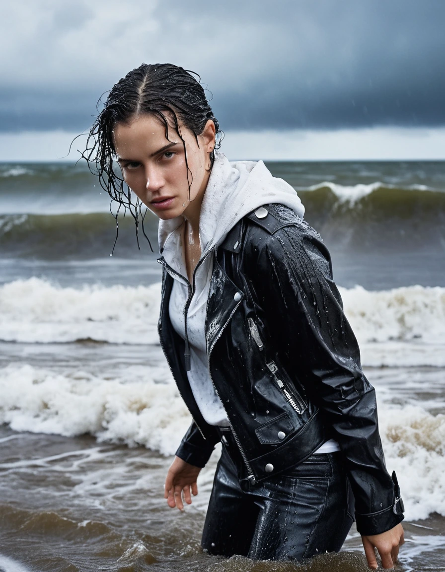 professional photo of young woman, in soaking wet, drenched clothes, wet clothes stuck to body, detailed textures of the wet clothes, wet face, wet plastered hair, wet, drenched, wet skin, damp fabric, streaming raindrops, fabric transparency, high-contrast water cling, water dripping from hem, wearing a water-drenched white oversize leather t-shirt, black leather jacket, saturated, black trench coat, skin tight black leather jeans, saturated, black leather ankle boots, soaked and glistening, standing in the waves at the beach, waves breaking, heavy rain at night, storm aftermath atmosphere, cinematic lighting, close up, sharp focus, photorealistic, ultra-detailed fabric texture, realistic colors, RAW photo, professionally color graded