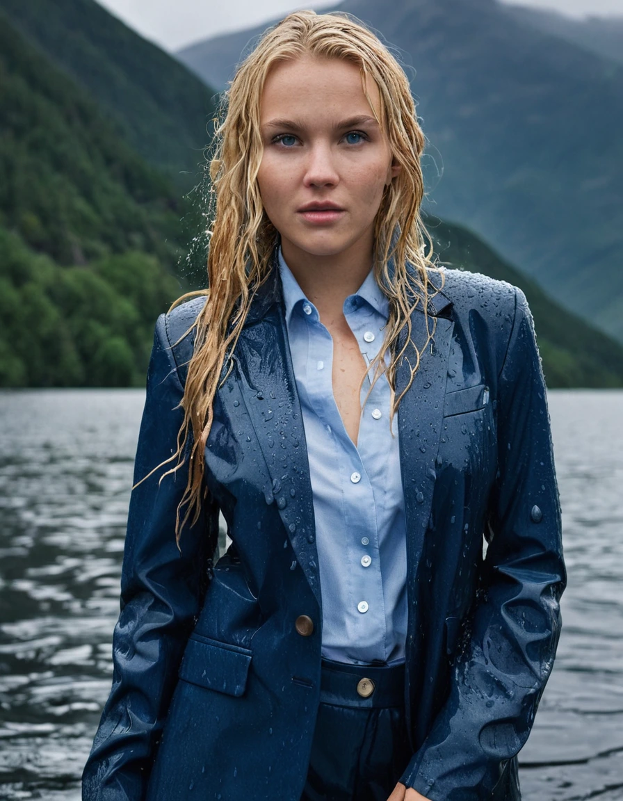 professional photo of young woman, 20 year old beautiful white blonde woman, in soaking wet, drenched clothes, wet clothes stuck to body, detailed textures of the wet clothes, wet face, wet plastered hair, wet, drenched, wet skin, damp fabric, side parting long hair, wearing a dark blue business suit jacket with light blue button down business shirt longsleeve and dark blue long business trouser, soaked tailored fabric, realistic structure, breast deep submerged, looks confidently into camera, swimming in a clear mountain lake during a heavy rainstorm, big rainshower, heavy rain, cinematic lighting, dramatic atmosphere, full body view, detailed fabric texture, sharp focus, photorealistic, ultra-detailed fabric texture, realistic colors, RAW photo, professionally color graded