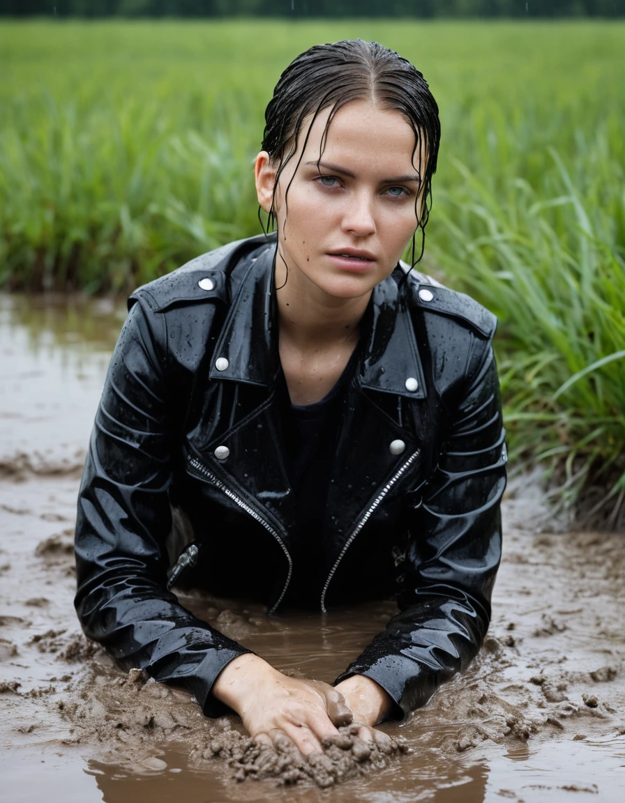 professional photo of young woman, in soaking wet, drenched clothes, wet clothes stuck to body, detailed textures of the wet clothes, wet face, wet plastered hair, wet, drenched, wet skin, damp fabric, wearing a water-drenched white latex shirt, black leather jacket, saturated, skin tight black leather jeans, saturated, black leather ankle boots, soaked and glistening, lying submerged in a mud pool in a field, covered in mud, mud up to shoulders, heavy rain, streaming raindrops, fabric transparency, high-contrast water cling, storm aftermath atmosphere, cinematic lighting, close up, sharp focus, photorealistic, ultra-detailed fabric texture, realistic colors, RAW photo, professionally color graded