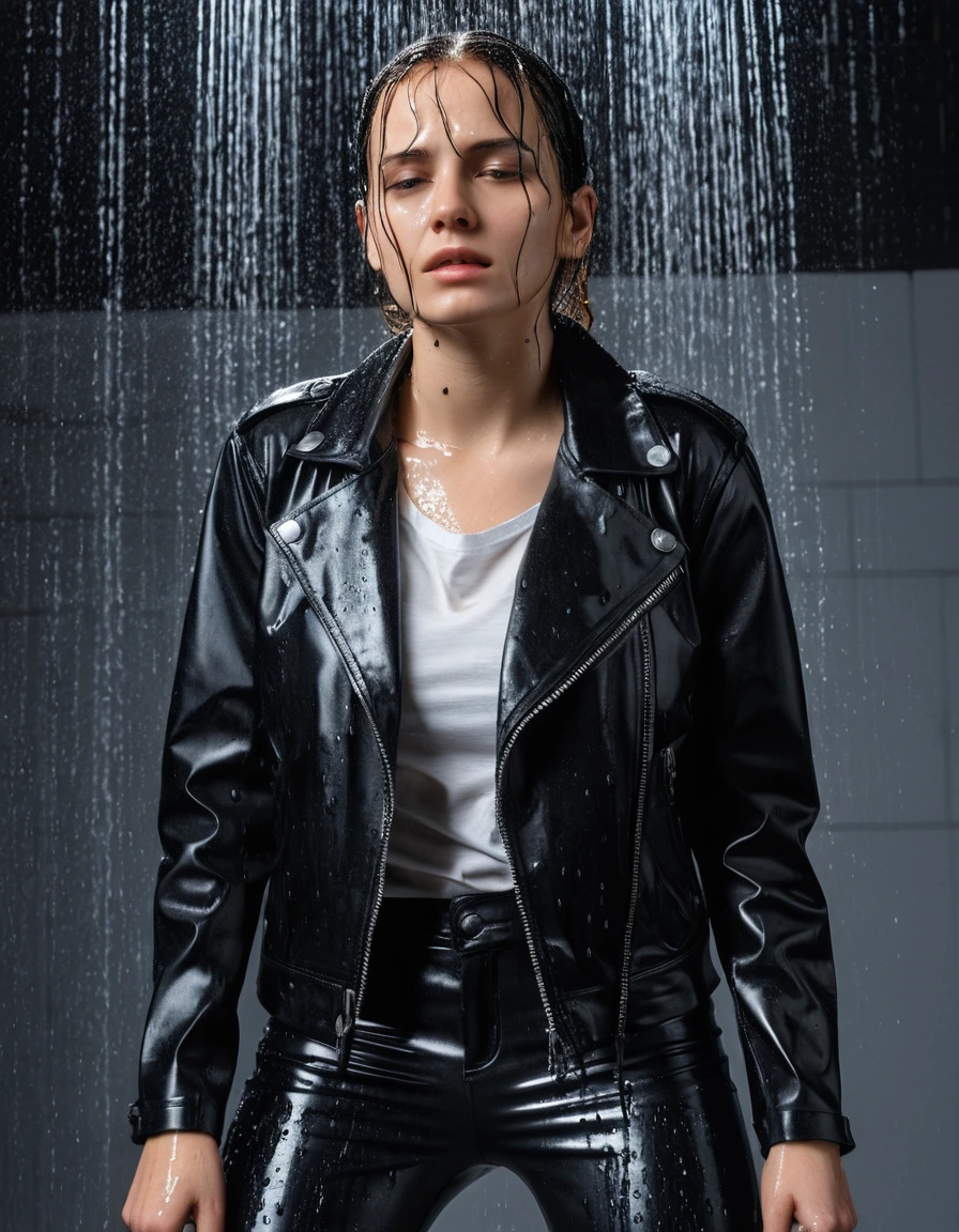 professional photo of young woman, in soaking wet, drenched clothes, wet clothes stuck to body, detailed textures of the wet clothes, wet face, wet plastered hair, wet, drenched, wet skin, damp fabric, standing under a shower with water flowing from head to toe, wearing a water-drenched white latex shirt, black leather jacket, saturated, skin tight black leather jeans, saturated, black leather ankle boots, soaked and glistening, streaming raindrops, fabric transparency, high-contrast water cling, water dripping from hem, storm aftermath atmosphere, cinematic lighting, close up, sharp focus, photorealistic, ultra-detailed fabric texture, realistic colors, RAW photo, professionally color graded