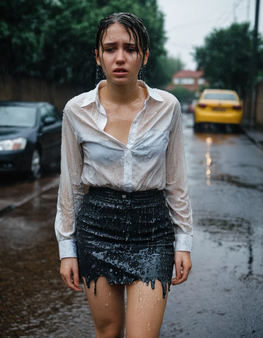 professional photo of young woman, in soaking wet, drenched clothes, wet clothes stuck to body, detailed textures of the wet clothes, wet face, wet plastered hair, wet, drenched, wet skin, damp fabric, depressed, crying, wearing a conservative catholic aesthetic, destroyed ripped blouse, ripped skirt, heels, standing in a street during heavy rain, water droplets, full body view, detailed fabric texture, sharp focus, photorealistic, ultra-detailed fabric texture, realistic colors, RAW photo, professionally color graded