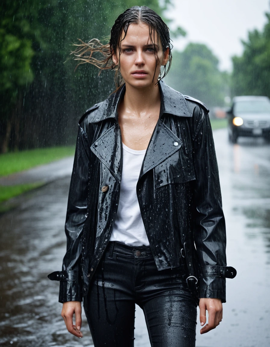 professional photo of young woman, in soaking wet, drenched clothes, wet clothes stuck to body, detailed textures of the wet clothes, wet face, wet plastered hair, wet, drenched, wet skin, damp fabric, wearing a water-drenched white oversize leather button shirt, black leather jacket, saturated, black trench coat, skin tight black leather jeans, saturated, black leather ankle boots, soaked and glistening, streaming raindrops, fabric transparency, high-contrast water cling, water dripping from hem, standing in heavy rain at night, storm aftermath atmosphere, cinematic lighting, close up, sharp focus, photorealistic, ultra-detailed fabric texture, realistic colors, RAW photo, professionally color graded