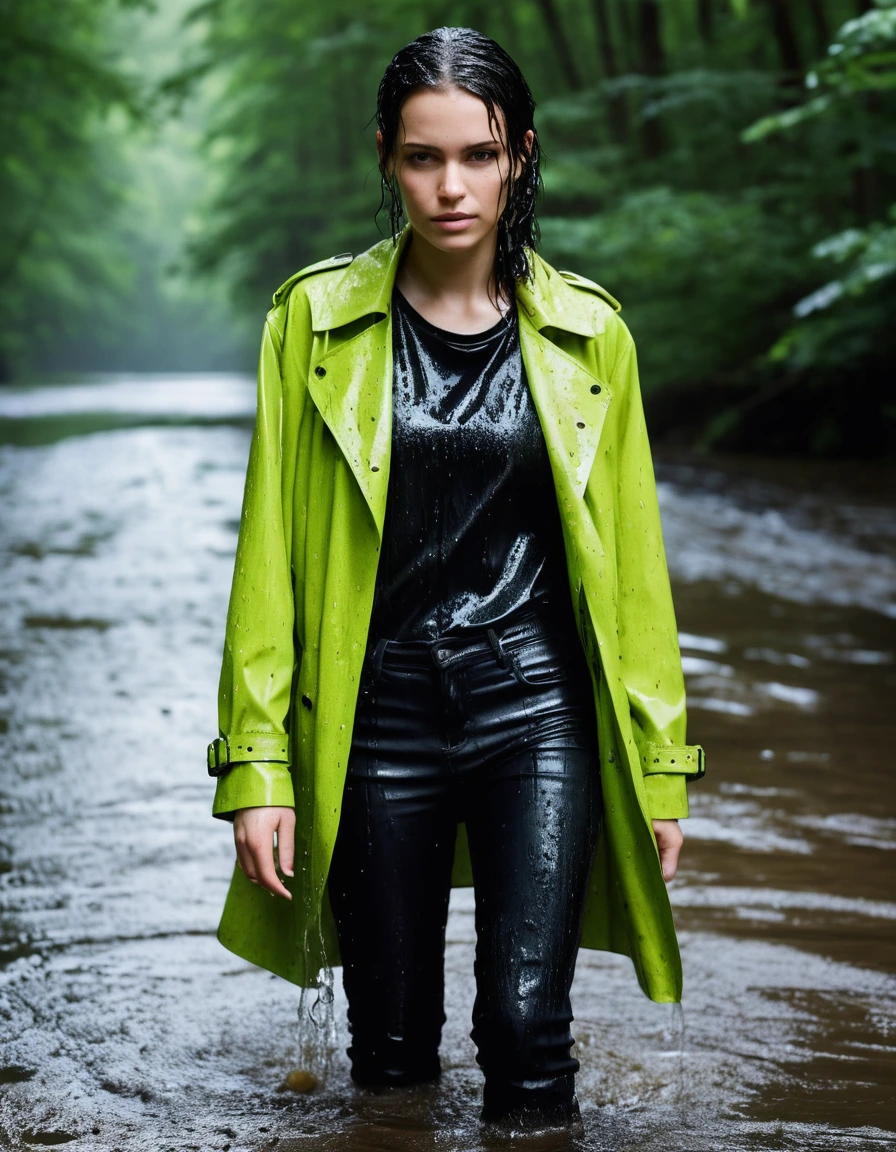 professional photo of young woman, in soaking wet, drenched clothes, wet clothes stuck to body, detailed textures of the wet clothes, wet face, wet plastered hair, wet, drenched, wet skin, damp fabric, wearing a water-drenched neon green oversize t-shirt, black leather jacket, and black trench coat, skin tight black leather jeans, saturated, black leather ankle boots, soaked and glistening, standing in a river in a forest during heavy rain, streaming raindrops, fabric transparency, high-contrast water cling, water dripping from hem, storm aftermath atmosphere, cinematic lighting, sharp focus, photorealistic, ultra-detailed fabric texture, realistic colors, RAW photo, professionally color graded