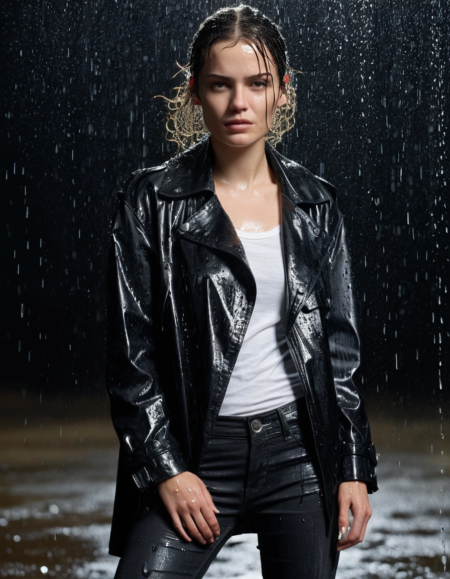 professional photo of young woman, in soaking wet, drenched clothes, wet clothes stuck to body, detailed textures of the wet clothes, wet face, wet plastered hair, wet, drenched, wet skin, damp fabric, wearing a water-drenched white oversize leather button shirt, black leather jacket, saturated, black trench coat, skin tight black leather jeans, saturated, black leather ankle boots, soaked and glistening, streaming raindrops, fabric transparency, high-contrast water cling, water dripping from hem, standing in heavy rain at night, storm aftermath atmosphere, cinematic lighting, close up, full body view, detailed fabric texture, sharp focus, photorealistic, ultra-detailed fabric texture, realistic colors, RAW photo, professionally color graded