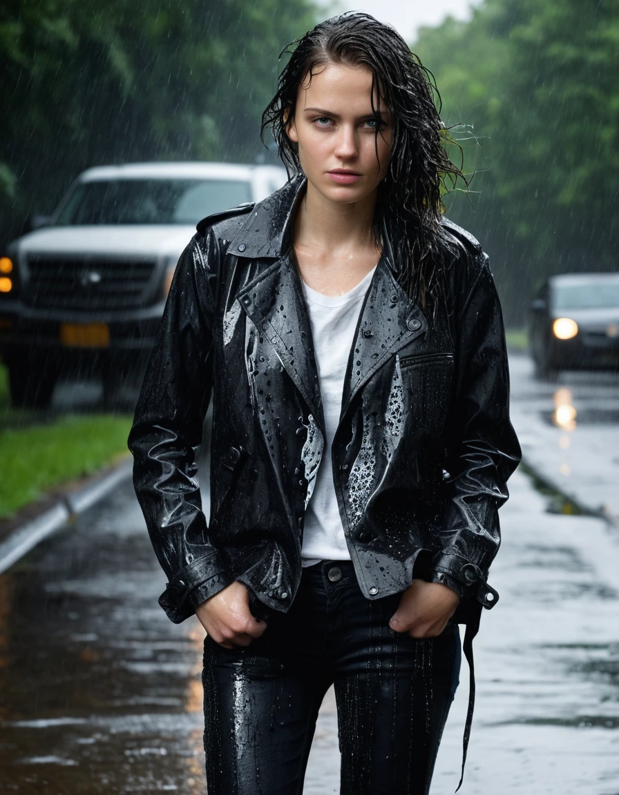 professional photo of young woman, in soaking wet, drenched clothes, wet clothes stuck to body, detailed textures of the wet clothes, wet face, wet plastered hair, wet, drenched, wet skin, damp fabric, wearing a water-drenched white oversize leather button shirt, black leather jacket, saturated, black trench coat, skin tight black leather jeans, saturated, black leather ankle boots, soaked and glistening, standing in heavy rain, streaming raindrops, fabric transparency, high-contrast water cling, storm aftermath atmosphere, cinematic lighting, at night, full body view, detailed fabric texture, sharp focus, photorealistic, ultra-detailed fabric texture, realistic colors, RAW photo, professionally color graded