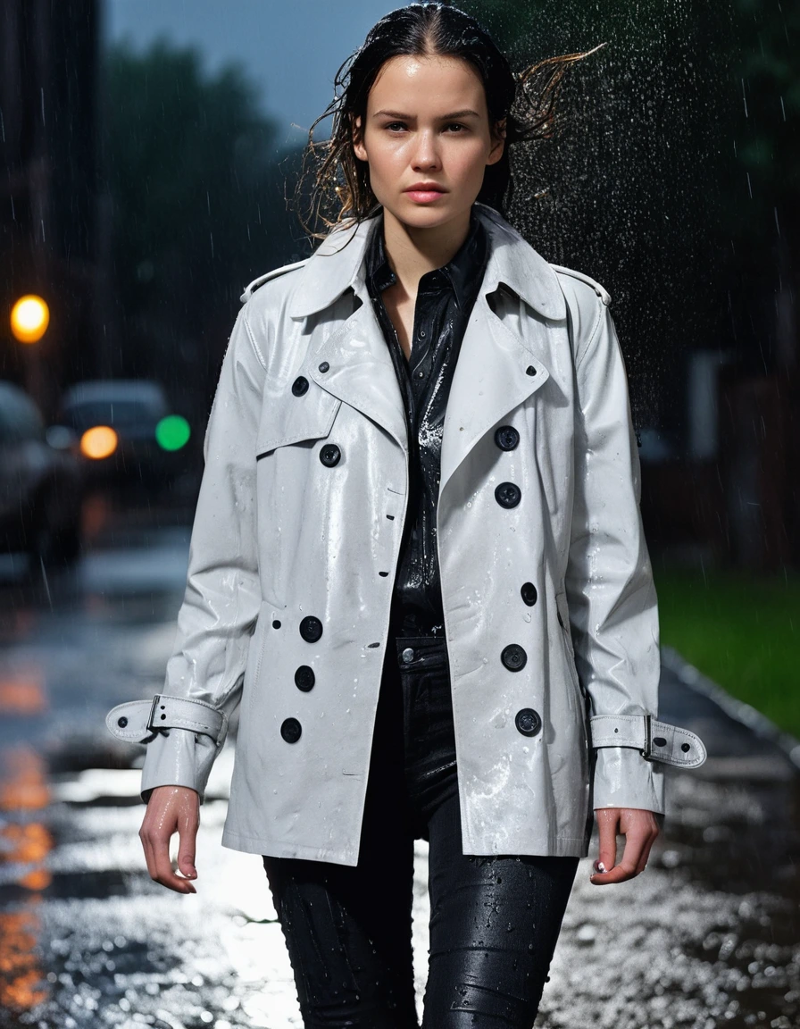 professional photo of young woman, in soaking wet, drenched clothes, wet clothes stuck to body, detailed textures of the wet clothes, wet face, wet plastered hair, wet, drenched, wet skin, damp fabric, wearing a water-drenched white oversize leather button shirt, black leather jacket, saturated, black trench coat, skin tight black leather jeans, saturated, black leather ankle boots, soaked and glistening, streaming raindrops, fabric transparency, high-contrast water cling, water dripping from hem, standing in heavy rain at night, storm aftermath atmosphere, cinematic lighting, sharp focus, photorealistic, ultra-detailed fabric texture, realistic colors, RAW photo, professionally color graded