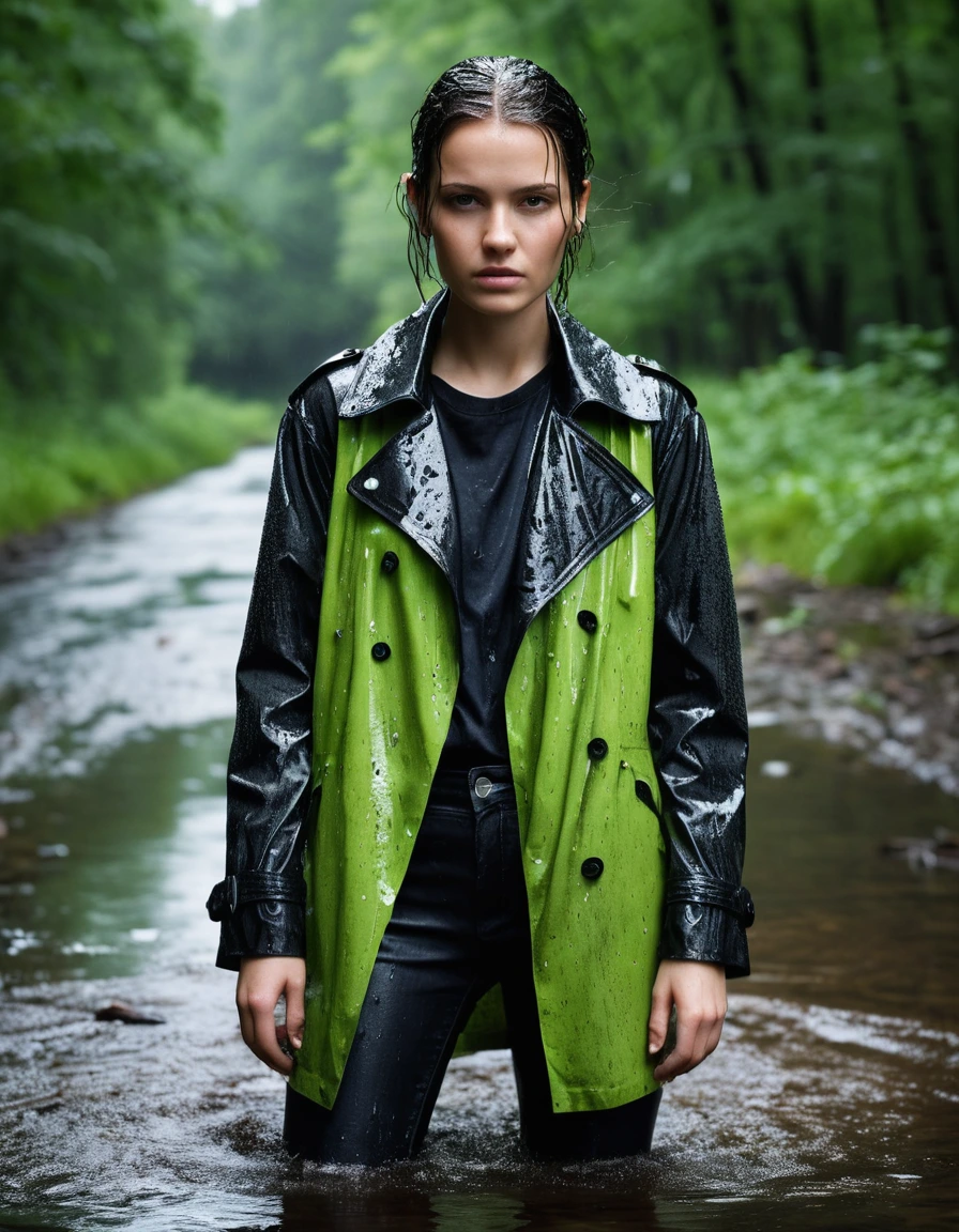 professional photo of young woman, in soaking wet, drenched clothes, wet clothes stuck to body, detailed textures of the wet clothes, wet face, wet plastered hair, wet, drenched, wet skin, damp fabric, water-drenched neon green oversize t-shirt, black leather jacket, saturated, black trench coat, skin tight black leather jeans, saturated, black leather ankle boots, soaked and glistening, streaming raindrops, fabric transparency, high-contrast water cling, water dripping from hem, standing in a river in a forest, heavy rain, storm aftermath atmosphere, cinematic lighting, sharp focus, photorealistic, ultra-detailed fabric texture, realistic colors, RAW photo, professionally color graded