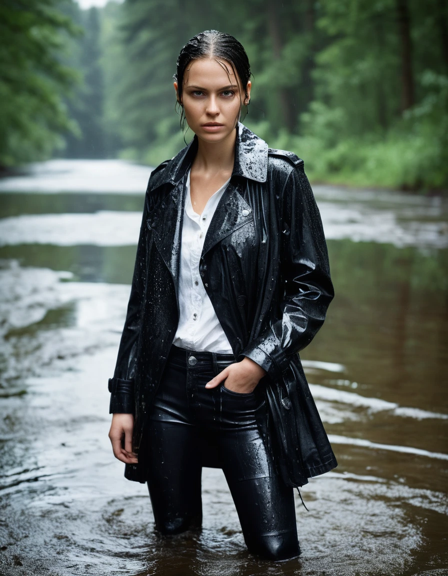 professional photo of young woman, in soaking wet, drenched clothes, wet clothes stuck to body, detailed textures of the wet clothes, wet face, wet plastered hair, wet, drenched, wet skin, damp fabric, water-drenched white oversize leather button shirt, black leather jacket, saturated, black trench coat, skin tight black leather jeans, saturated, black leather ankle boots, soaked and glistening, standing in a river in a forest, heavy rain, streaming raindrops, fabric transparency, high-contrast water cling, water dripping from hem, storm aftermath atmosphere, cinematic lighting, close up, sharp focus, photorealistic, ultra-detailed fabric texture, realistic colors, RAW photo, professionally color graded
