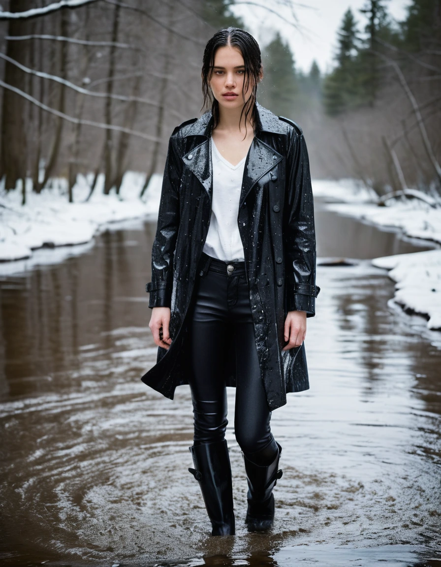 professional photo of young woman, in soaking wet, drenched clothes, wet clothes stuck to body, detailed textures of the wet clothes, wet face, wet plastered hair, wet, drenched, wet skin, damp fabric, water-drenched white oversize leather button shirt, black leather jacket, black trench coat, skin tight black leather jeans, black leather ankle boots, soaked and glistening, standing in a river in a snow covered forest, snowing, streaming raindrops, fabric transparency, high-contrast water cling, water dripping from hem, storm aftermath atmosphere, cinematic lighting, full body view, sharp focus, photorealistic, ultra-detailed fabric texture, realistic colors, RAW photo, professionally color graded