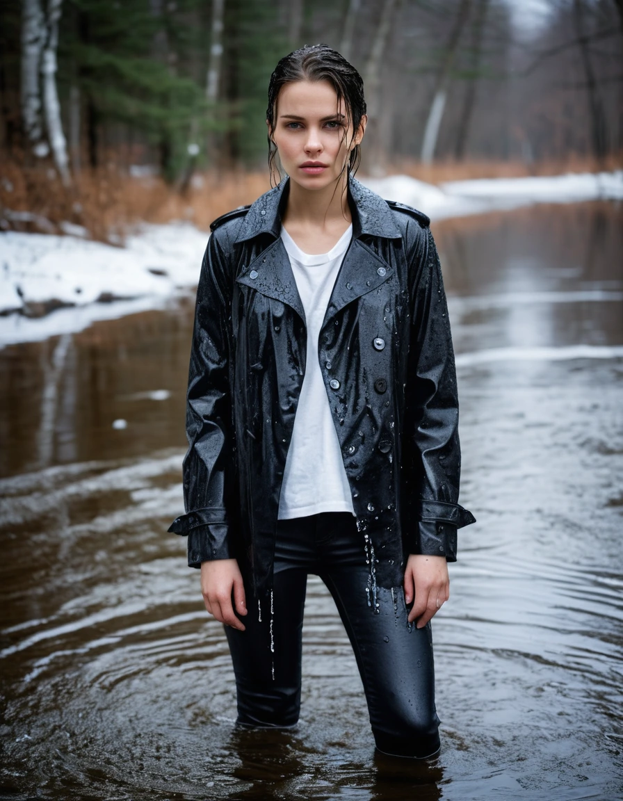 professional photo of young woman, in soaking wet, drenched clothes, wet clothes stuck to body, detailed textures of the wet clothes, wet face, wet plastered hair, wet, drenched, wet skin, damp fabric, water-drenched white oversize leather button shirt, black leather jacket, black trench coat, skin tight black leather jeans, black leather ankle boots, soaked and glistening, streaming raindrops, fabric transparency, high-contrast water cling, water dripping from hem, standing in a river in a snow covered forest, close up, at night, cinematic lighting, storm aftermath atmosphere, sharp focus, photorealistic, ultra-detailed fabric texture, realistic colors, RAW photo, professionally color graded